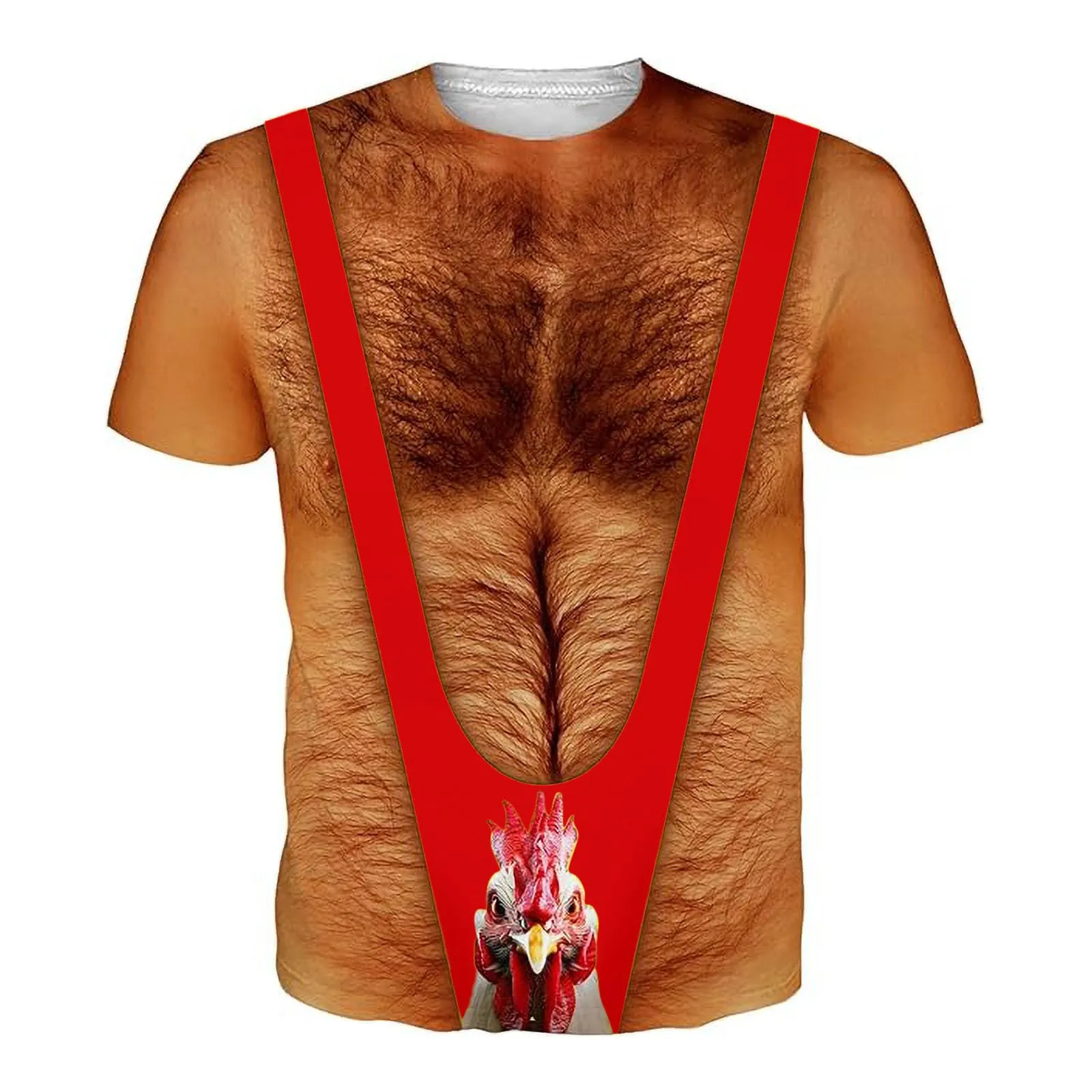 Maglietta da uomo divertente, maglietta muscolare da uomo, con tupet per capelli sul petto, confezione da 6 magliette divertenti con i muscoli brutti, maglietta oversize con stampa 3D, Colore: rosso - immagine 1