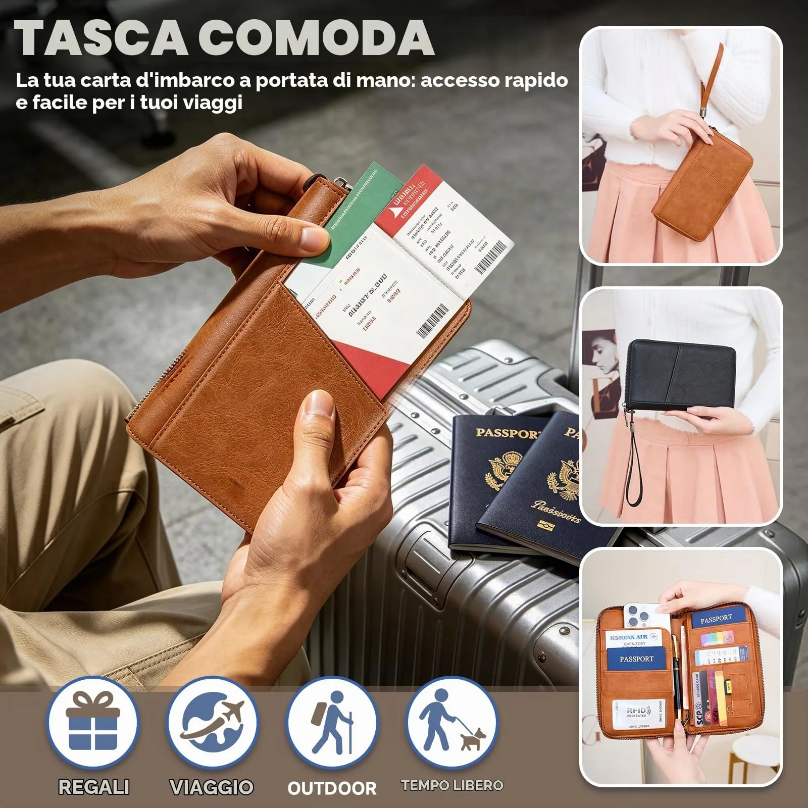 Desing Wish Famiglia Porta Passaporto Viaggio con Blocco RFID Portadocumenti Pu Custodia Portapassaporto Accessori Uomo Donna per Carte di Credito Documenti D'Identità Biglietti Aerei Regali - immagine 4