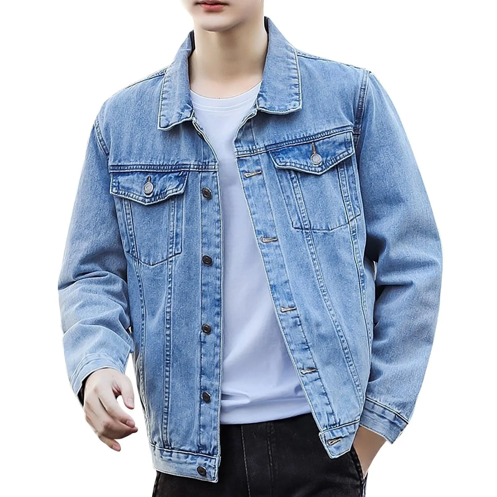 Duohropke Camicia di jeans da uomo a maniche lunghe strappate, in denim, slim fit, con tasche, camicia di jeans, camicia da uomo a maniche lunghe, 02 BU2, XL - immagine 7
