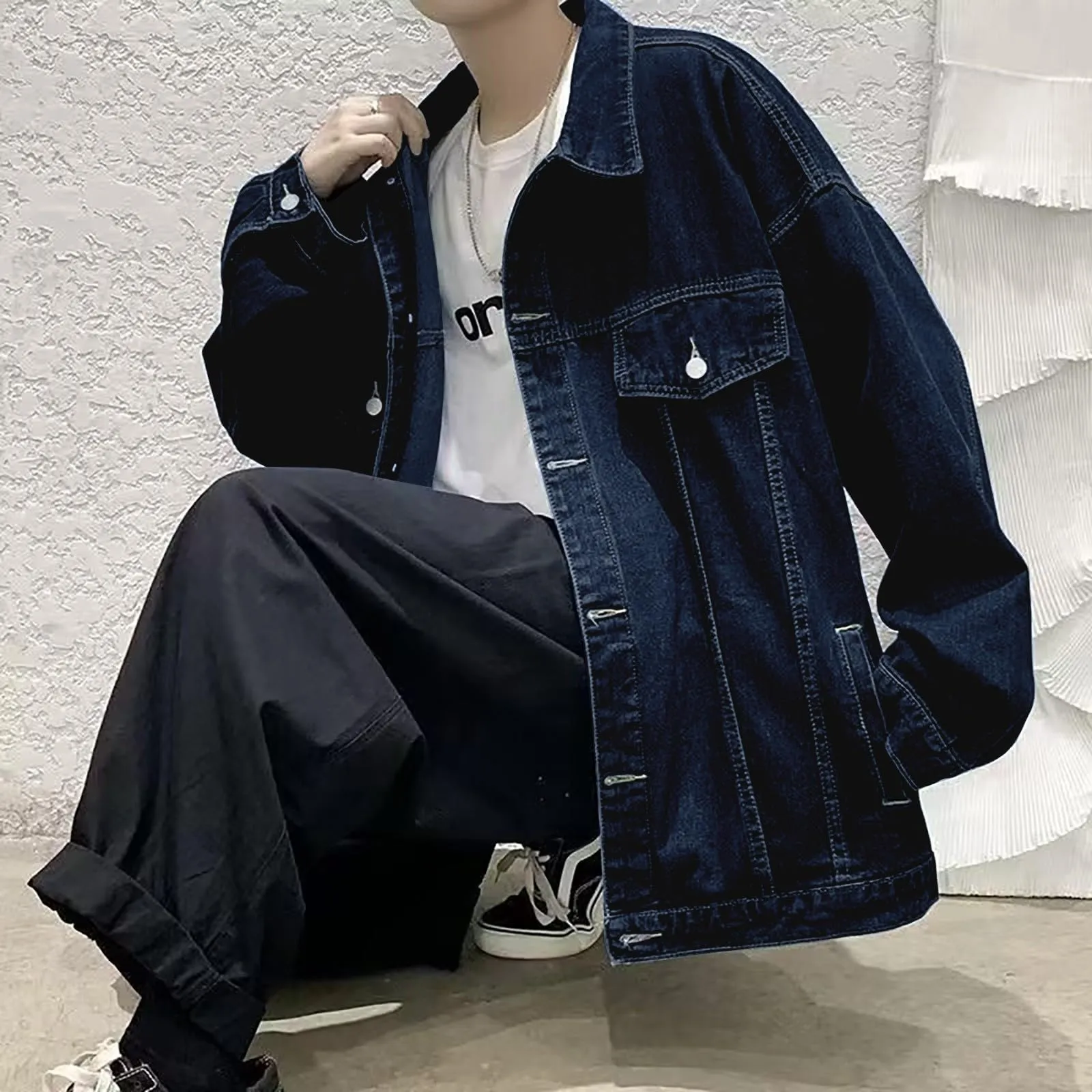 Duohropke Camicia di jeans da uomo a maniche lunghe strappate, in denim, slim fit, con tasche, camicia di jeans, camicia da uomo a maniche lunghe, 02 BU1, L - immagine 2