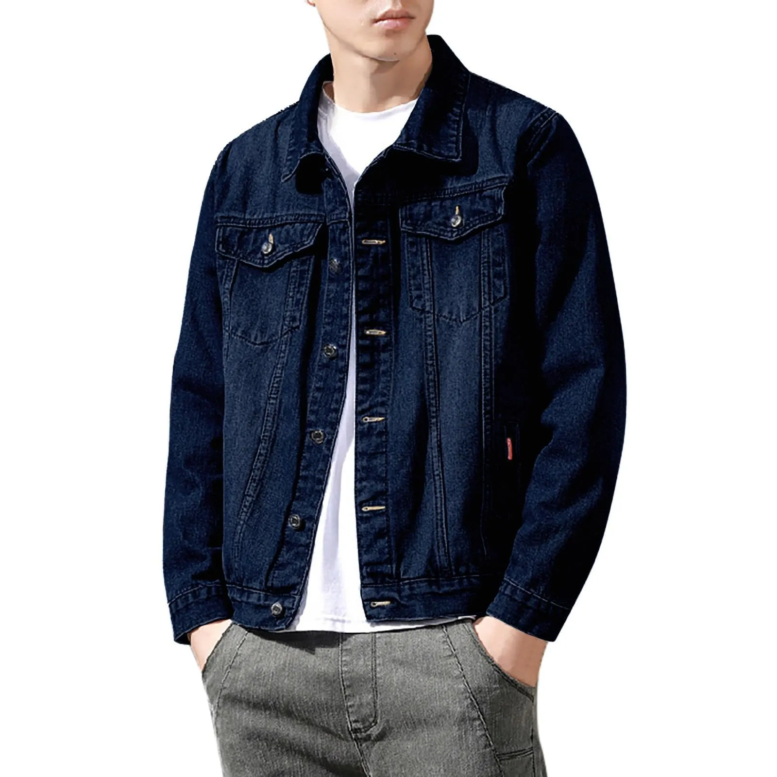 Duohropke Camicia di jeans da uomo a maniche lunghe strappate, in denim, slim fit, con tasche, camicia di jeans, camicia da uomo a maniche lunghe, 02 BU1, L - immagine 7