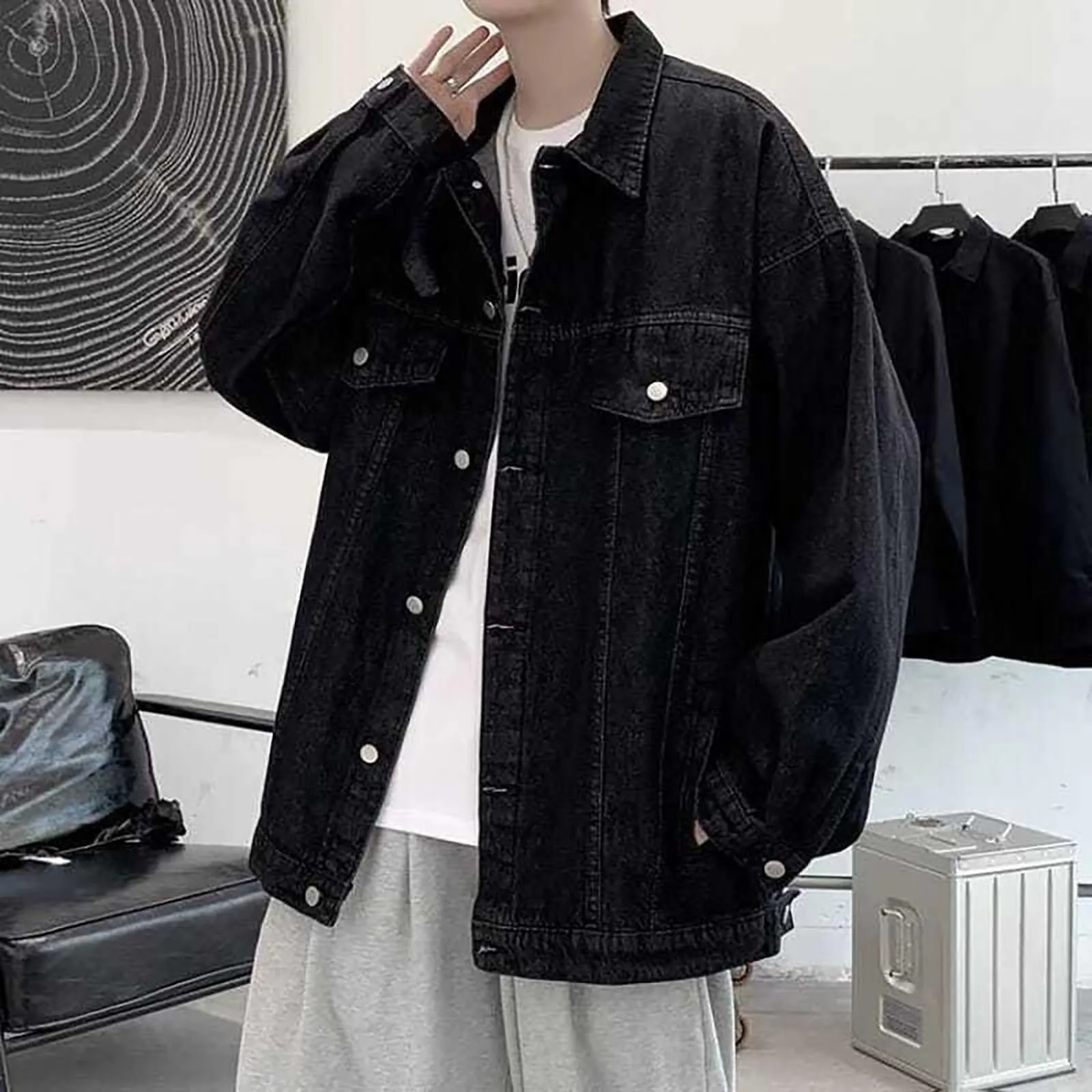 Duohropke Camicia di jeans da uomo a maniche lunghe strappate, in denim, slim fit, con tasche, camicia di jeans, camicia da uomo a maniche lunghe, 02 nero, XXL - immagine 3