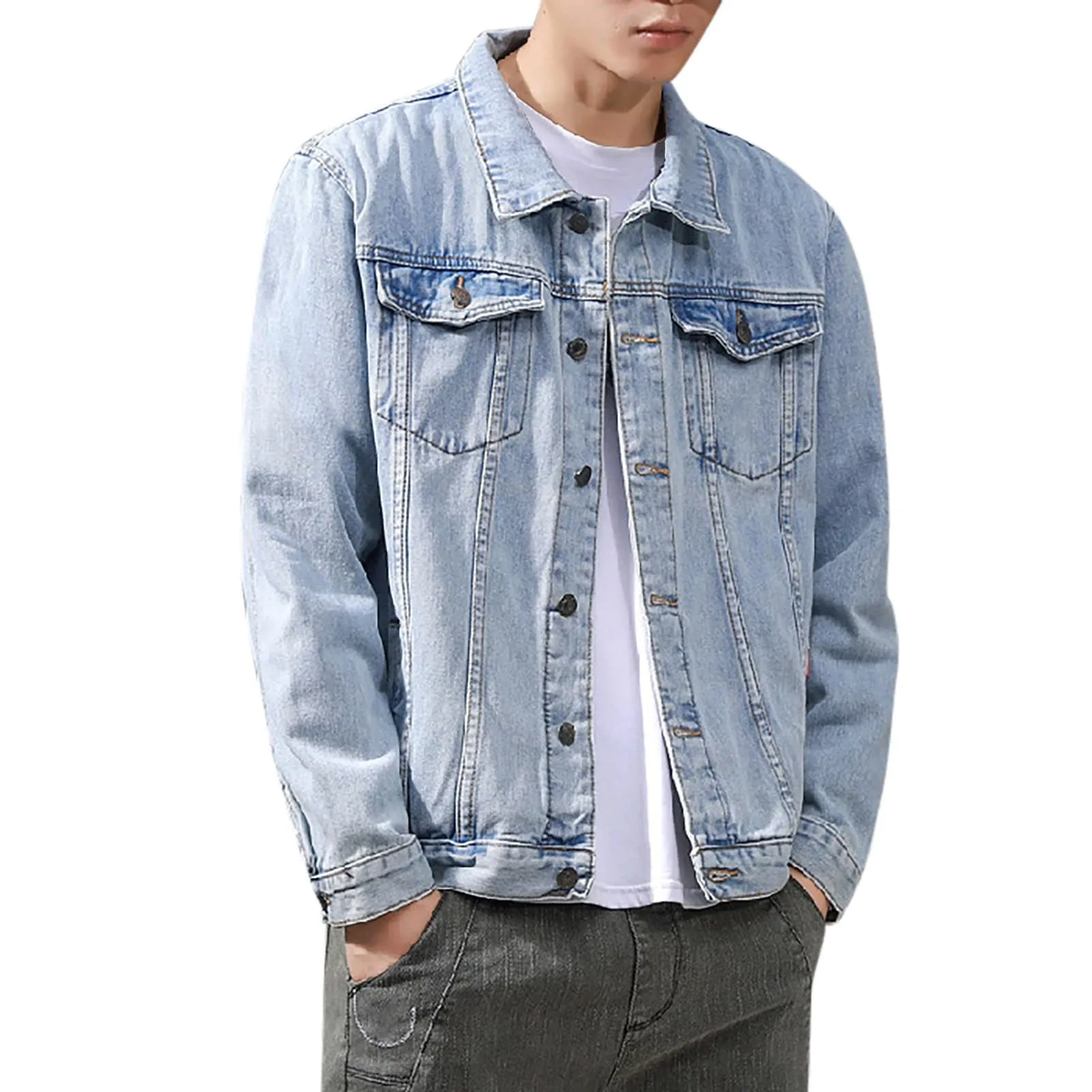 Duohropke Camicia di jeans da uomo a maniche lunghe strappate, in denim, slim fit, con tasche, camicia di jeans, camicia da uomo a maniche lunghe, 02 BU2, L - immagine 2