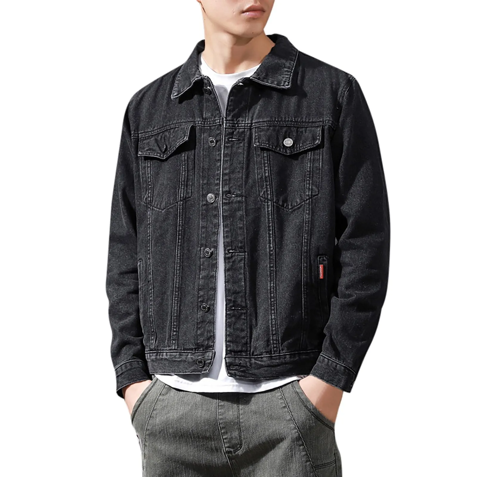 Duohropke Camicia di jeans da uomo a maniche lunghe strappate, in denim, slim fit, con tasche, camicia di jeans, camicia da uomo a maniche lunghe, 02 nero, 3XL - immagine 1