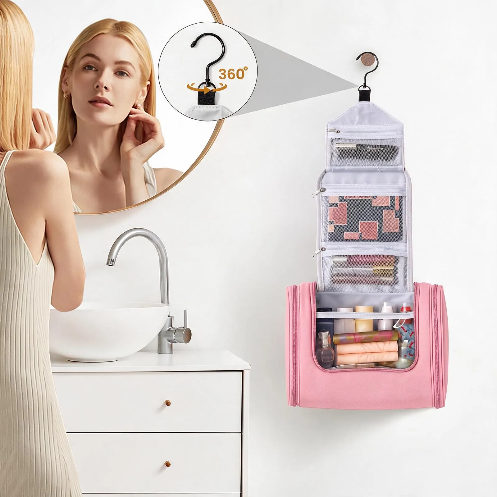 Beauty Case da Viaggio, Grande Borsa da Toilette da Appendere Impermeabile per Uomo e Donna, Per Tutta la Famiglia (Rosa) - immagine 2