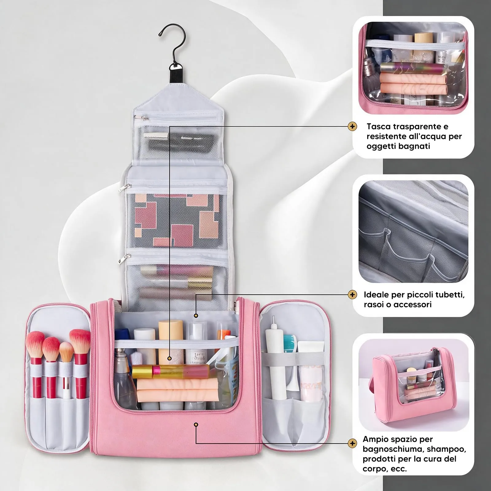 Beauty Case da Viaggio, Grande Borsa da Toilette da Appendere Impermeabile per Uomo e Donna, Per Tutta la Famiglia (Rosa) - immagine 3