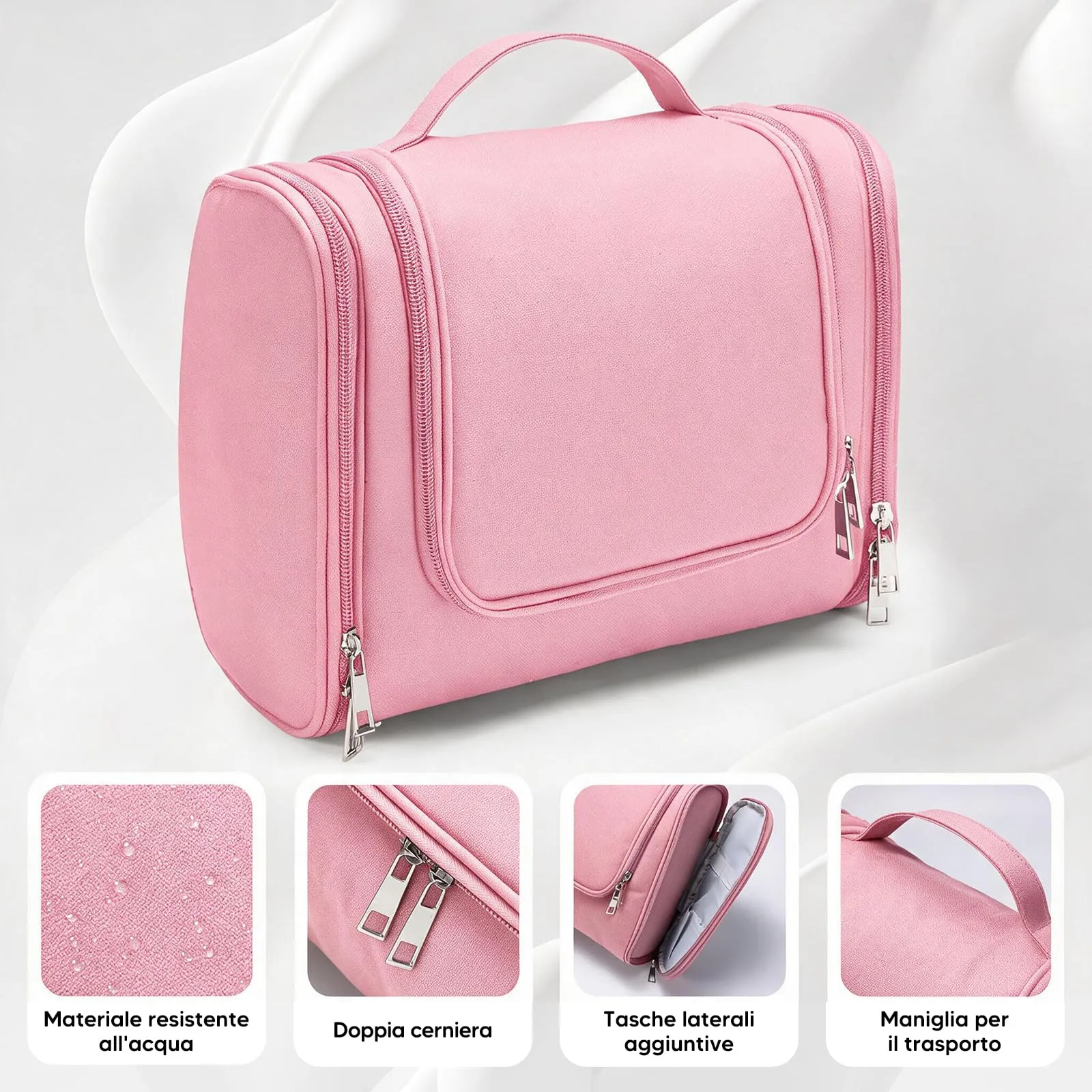 Beauty Case da Viaggio, Grande Borsa da Toilette da Appendere Impermeabile per Uomo e Donna, Per Tutta la Famiglia (Rosa) - immagine 4