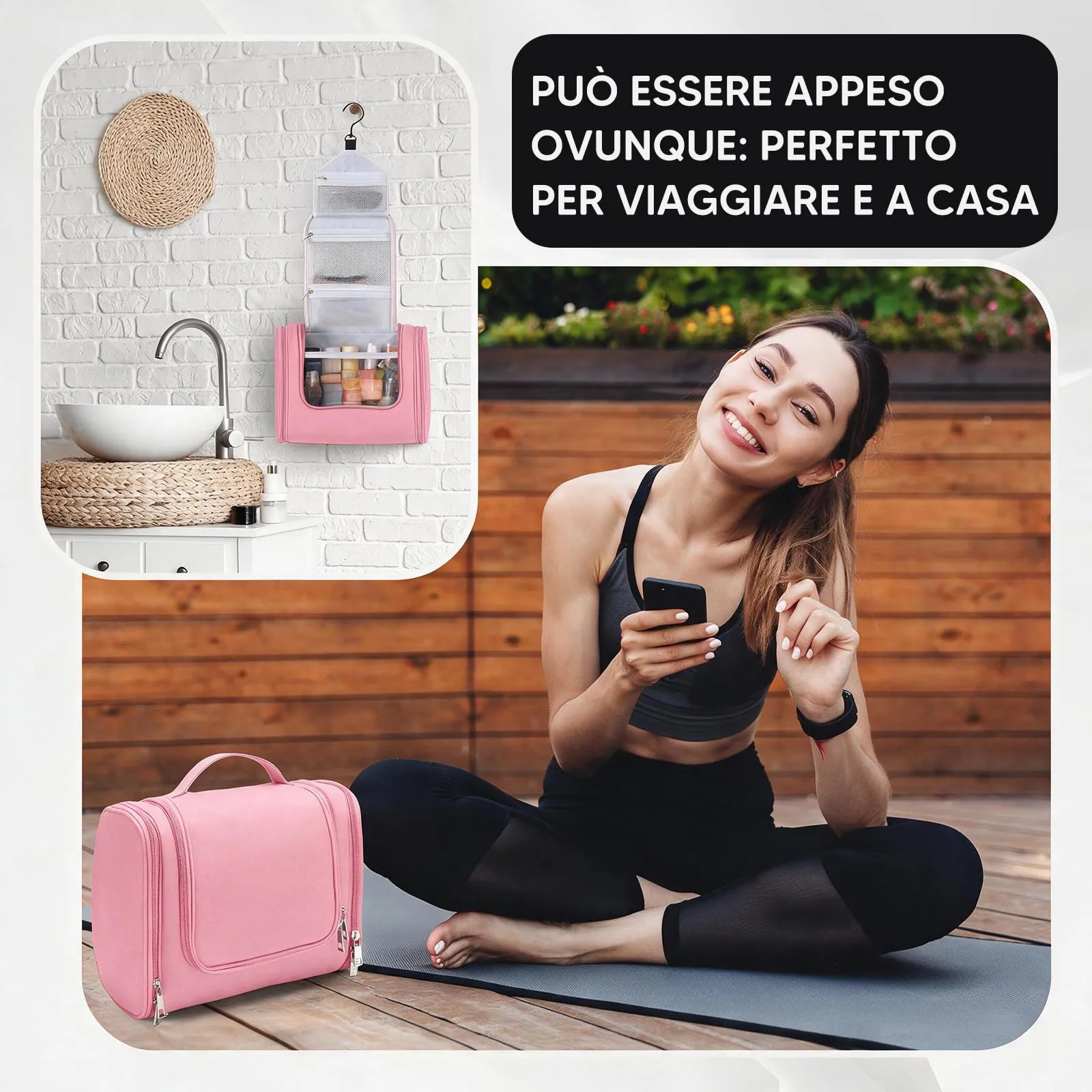 Beauty Case da Viaggio, Grande Borsa da Toilette da Appendere Impermeabile per Uomo e Donna, Per Tutta la Famiglia (Rosa) - immagine 5