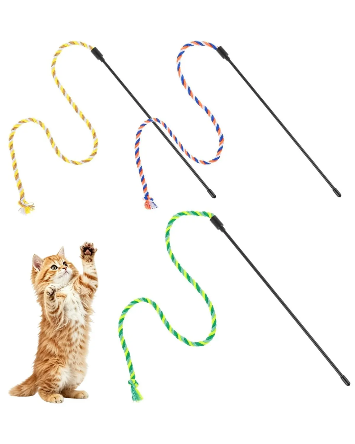 DLDIZM 3 Pezzi Bacchette Gioco per Gatti con Piume Colorate, Giocattolo Interattivo con Corda Morbida per Gatti Adulti e Cuccioli, Gioco per Gatti da Interno con Bacchetta Lunga e Piume per Gatto - immagine 1