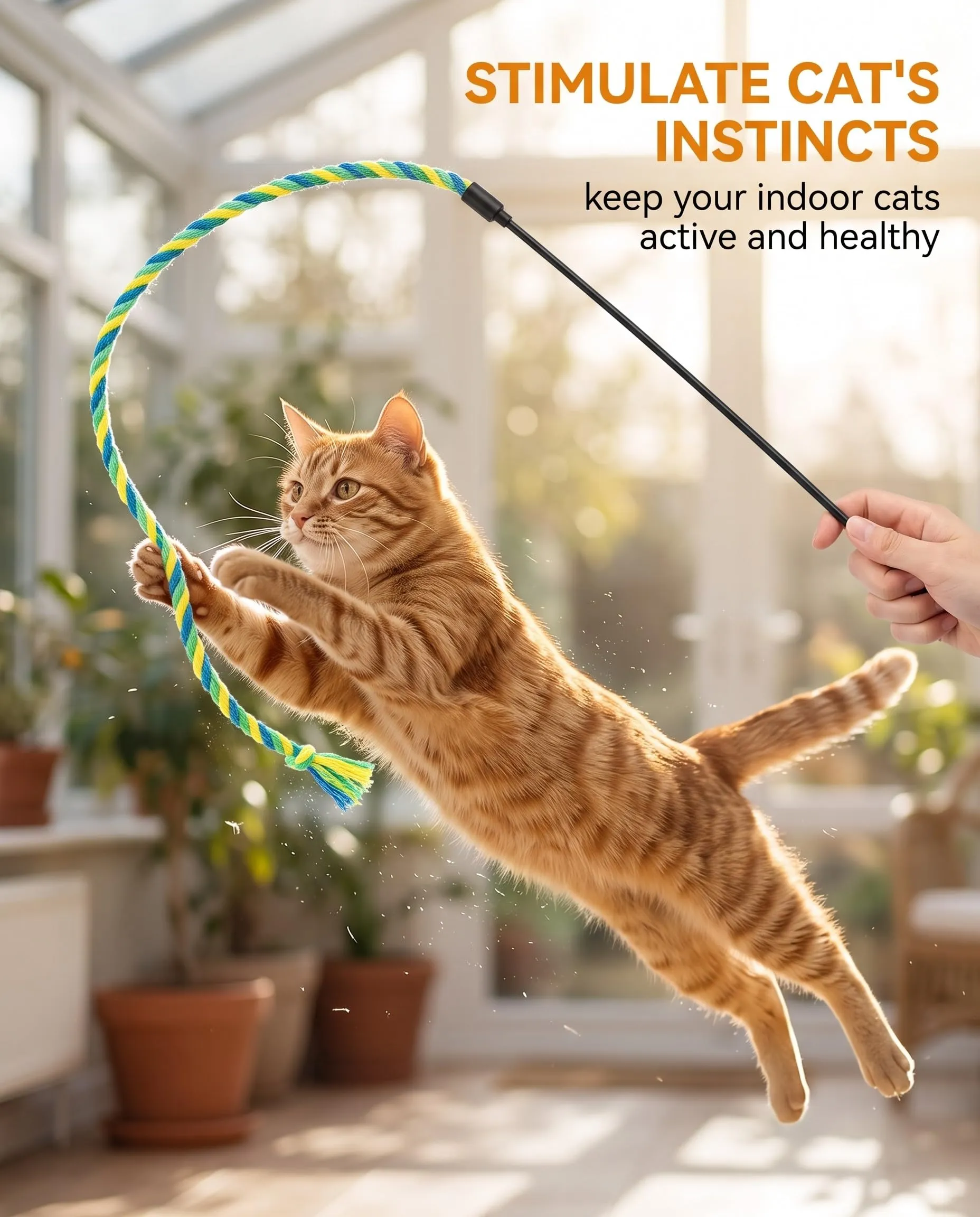 DLDIZM 3 Pezzi Bacchette Gioco per Gatti con Piume Colorate, Giocattolo Interattivo con Corda Morbida per Gatti Adulti e Cuccioli, Gioco per Gatti da Interno con Bacchetta Lunga e Piume per Gatto - immagine 5