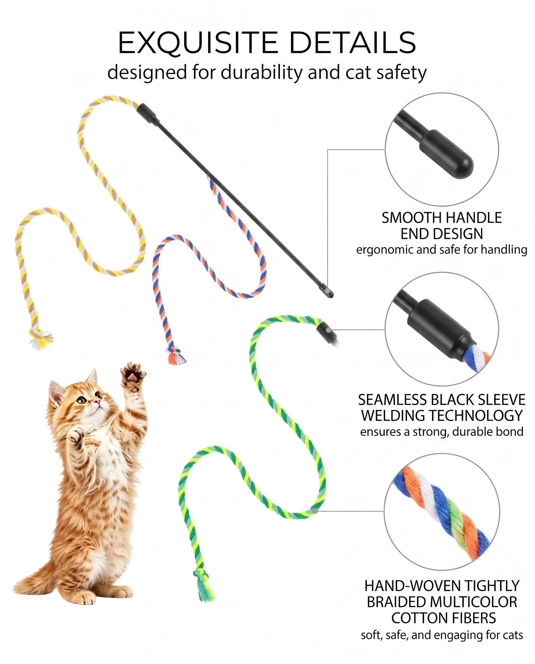DLDIZM 3 Pezzi Bacchette Gioco per Gatti con Piume Colorate, Giocattolo Interattivo con Corda Morbida per Gatti Adulti e Cuccioli, Gioco per Gatti da Interno con Bacchetta Lunga e Piume per Gatto - immagine 7