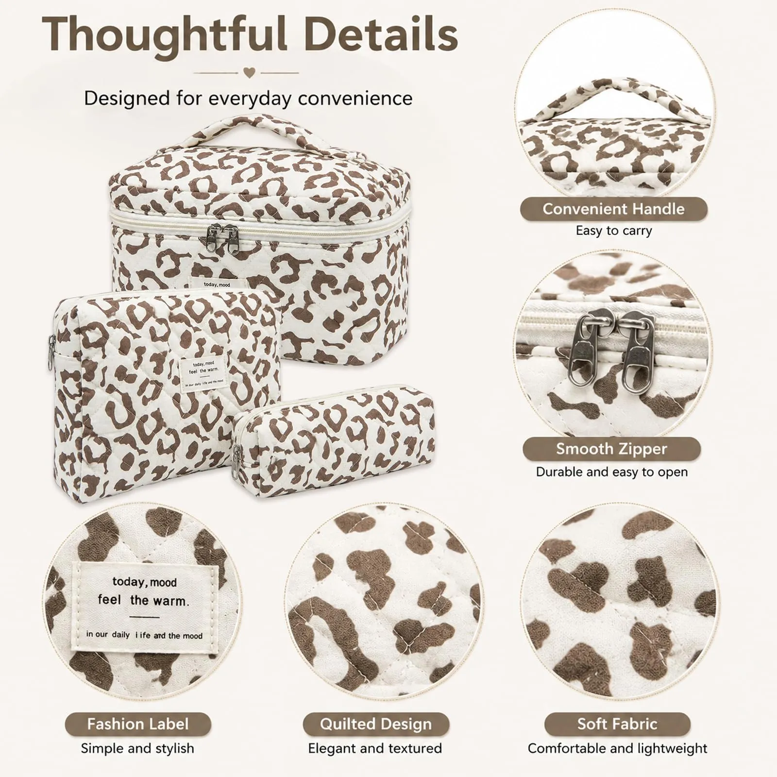 LIULINY 3 Pezzi Borsa Trucco Stampa leopardata, Borsa da Viaggio per Il Trucco da Donna, Beauty Case da Viaggio, Beauty Case Morbido Makeup Bag, Makeup Bag Organizer, Viaggi Outdoor (Marrone) - immagine 4