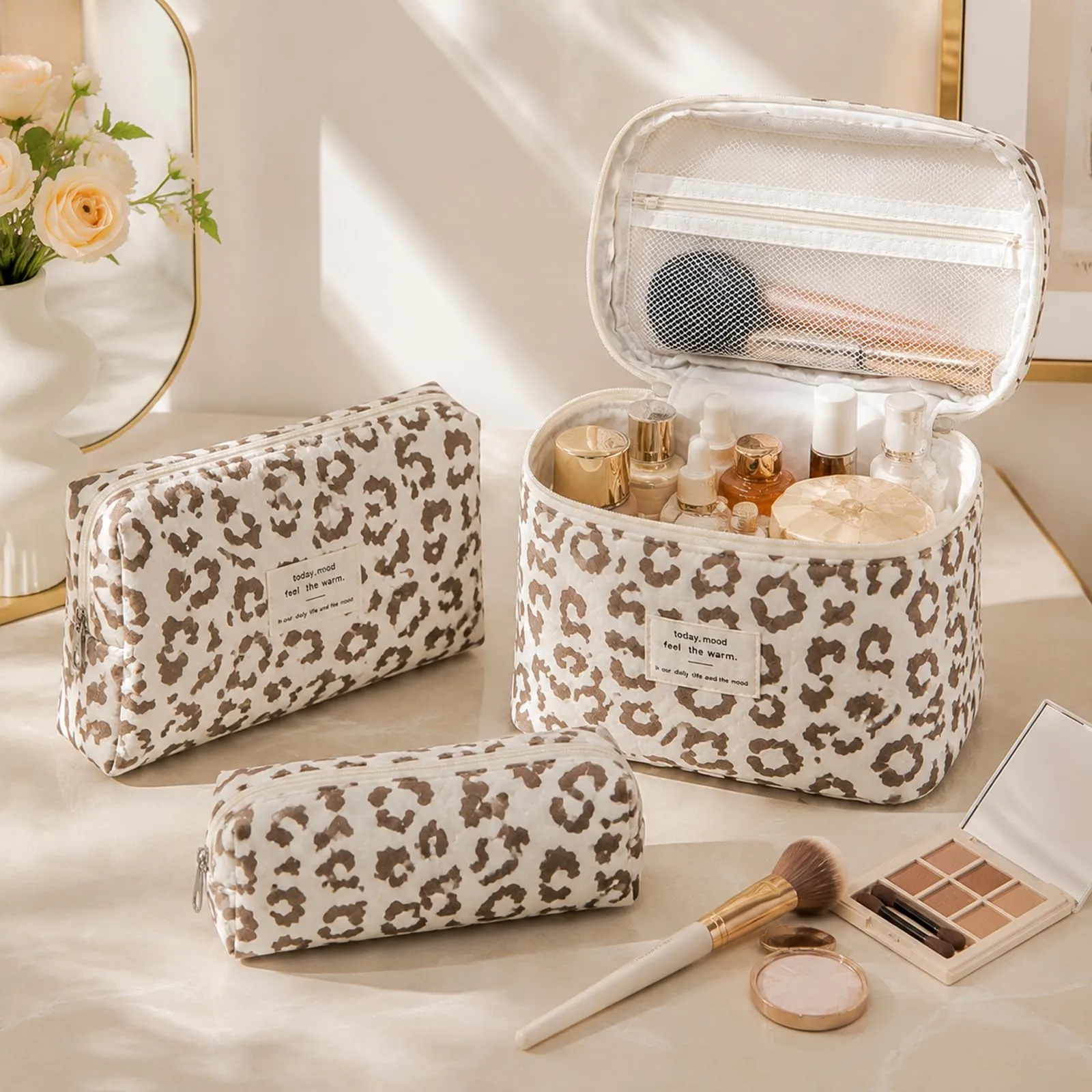 LIULINY 3 Pezzi Borsa Trucco Stampa leopardata, Borsa da Viaggio per Il Trucco da Donna, Beauty Case da Viaggio, Beauty Case Morbido Makeup Bag, Makeup Bag Organizer, Viaggi Outdoor (Marrone) - immagine 5