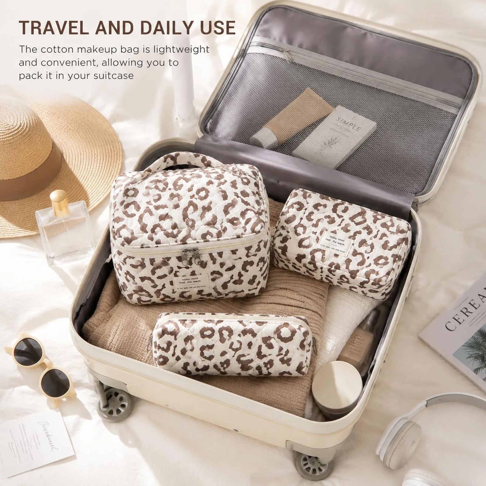 LIULINY 3 Pezzi Borsa Trucco Stampa leopardata, Borsa da Viaggio per Il Trucco da Donna, Beauty Case da Viaggio, Beauty Case Morbido Makeup Bag, Makeup Bag Organizer, Viaggi Outdoor (Marrone) - immagine 6