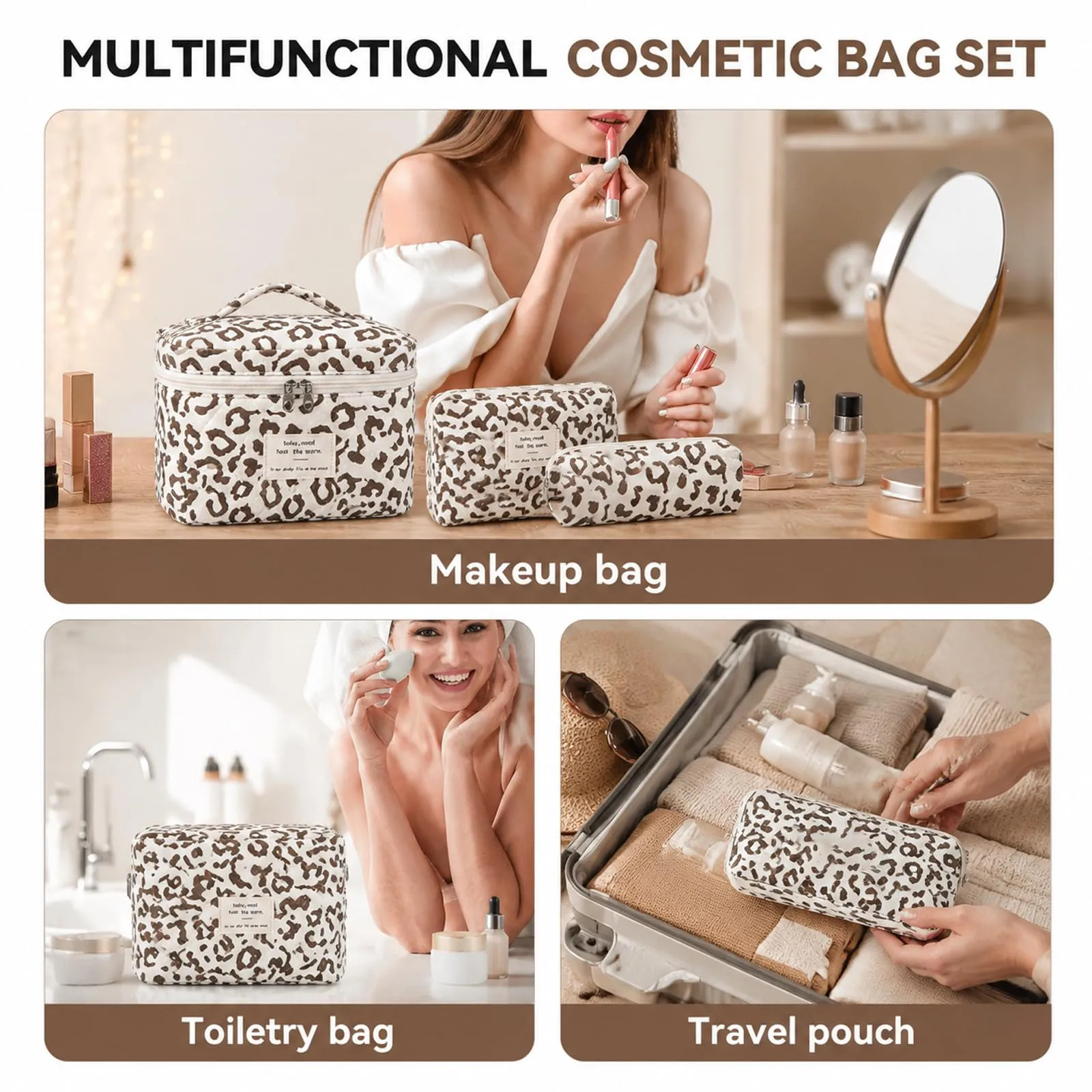 LIULINY 3 Pezzi Borsa Trucco Stampa leopardata, Borsa da Viaggio per Il Trucco da Donna, Beauty Case da Viaggio, Beauty Case Morbido Makeup Bag, Makeup Bag Organizer, Viaggi Outdoor (Marrone) - immagine 7
