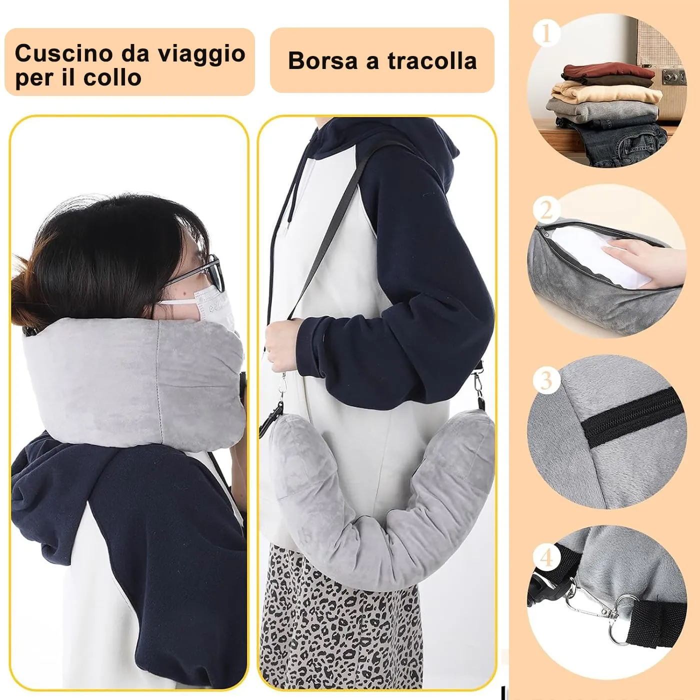 CUEMOON Cuscino da Viaggio Riempibile per Collo, Cuscino Viaggio Riempibile Polivalente(Senza Riempitivo) per Gli Elementi Essenziali Viaggio 3-5 Giorni Senza Imbottitura - immagine 4