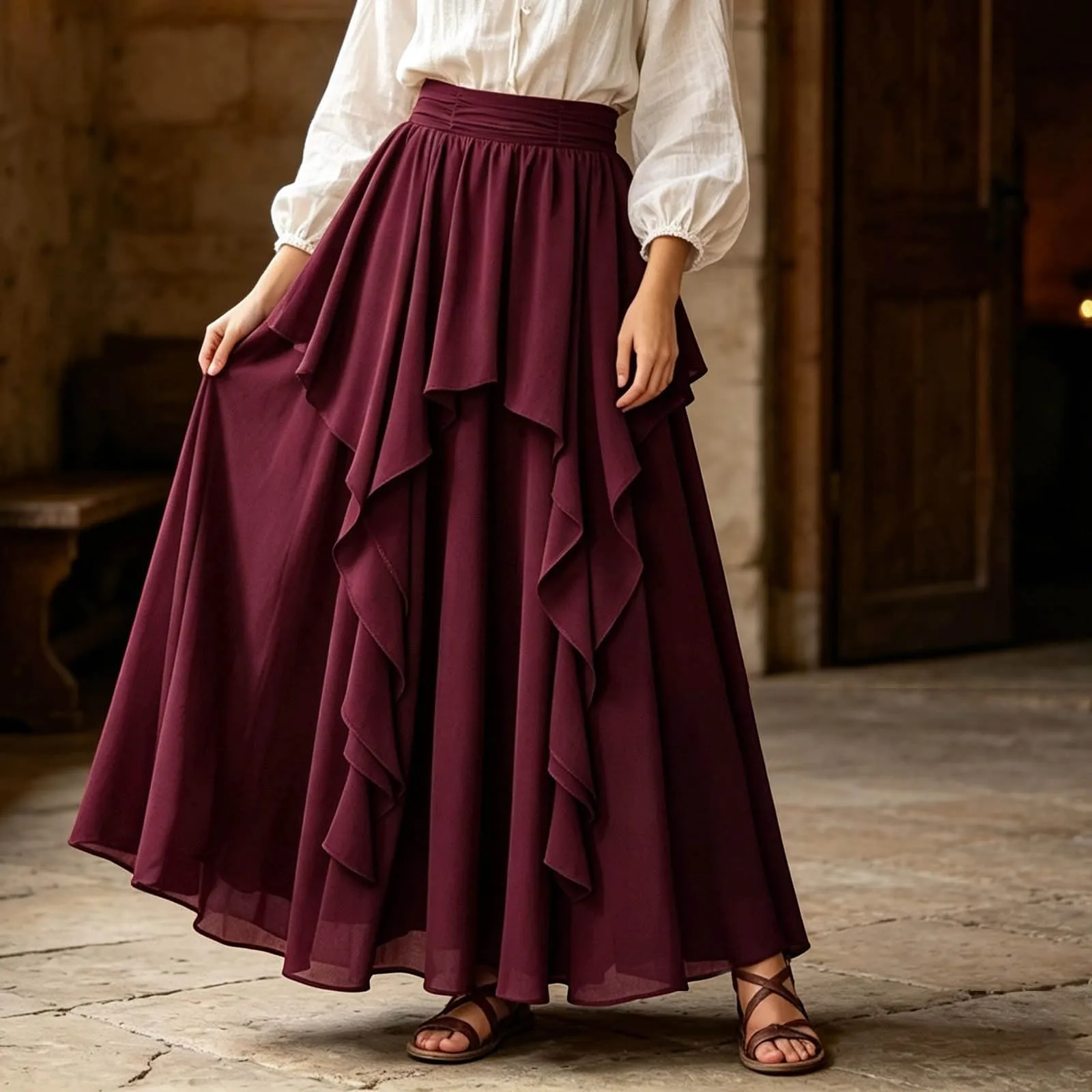 Ibicenco - Gonna medievale rinascimentale, da donna, colore: bianco, rosso - immagine 3