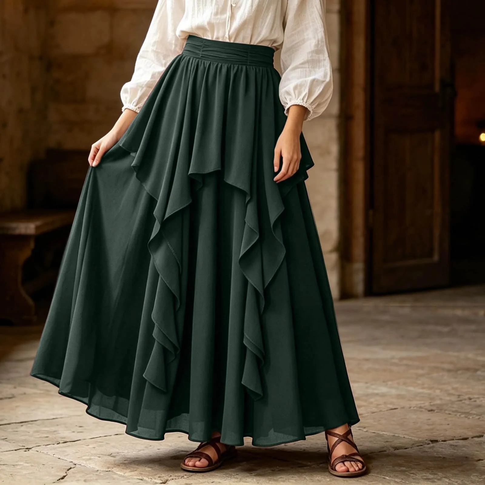 Ibicenco - Gonna medievale rinascimentale, da donna, colore: bianco, Verde - immagine 3
