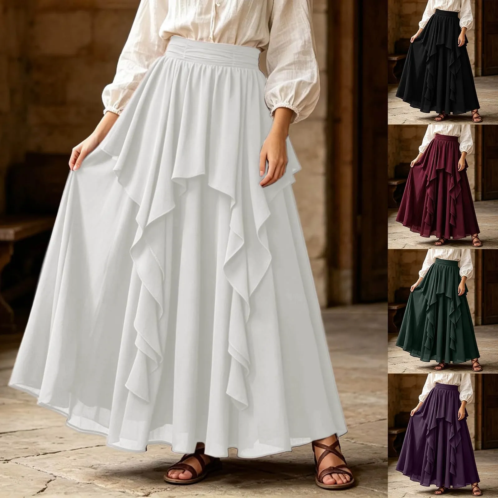 Ibicenco - Gonna medievale rinascimentale, da donna, colore: bianco, Nero - immagine 2