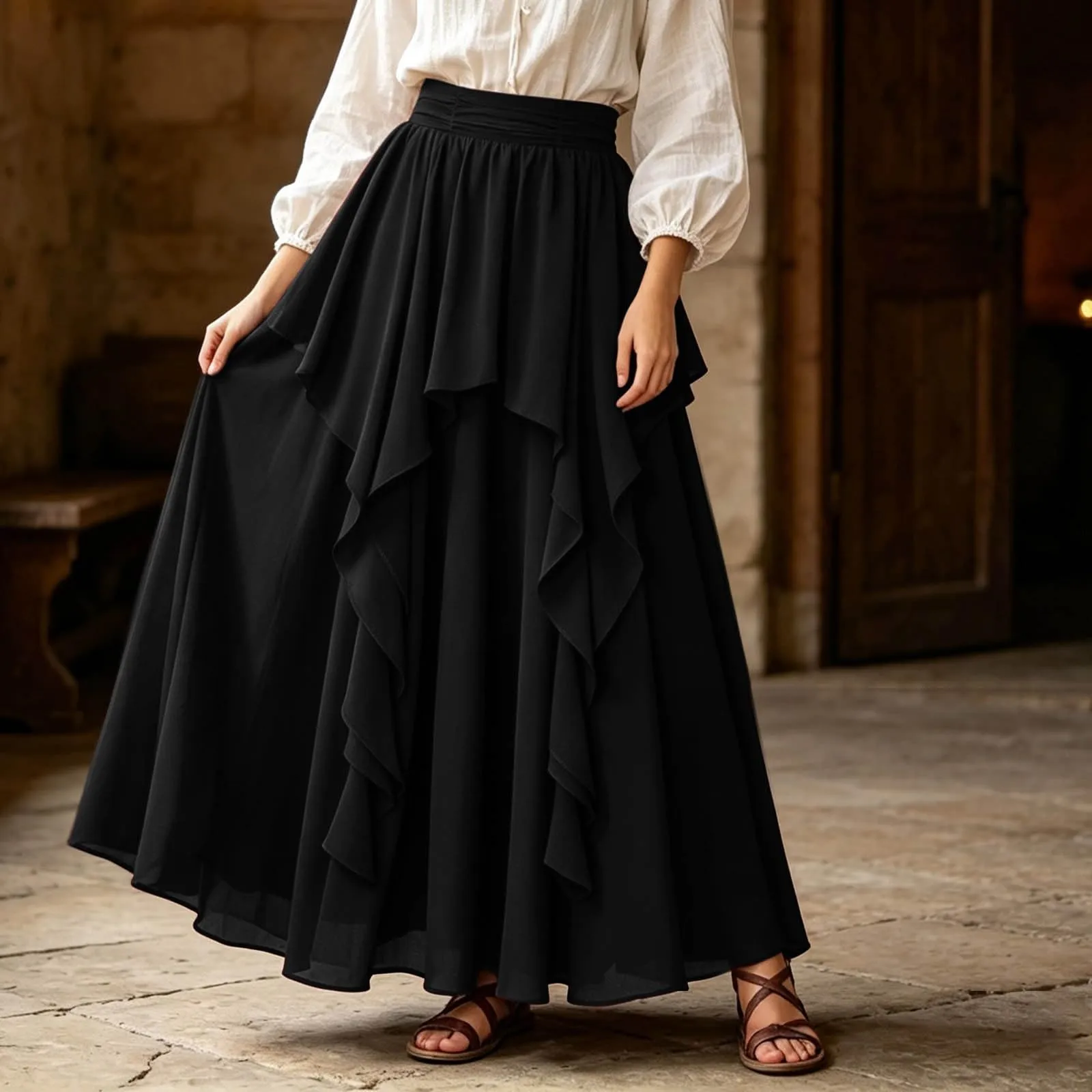 Ibicenco - Gonna medievale rinascimentale, da donna, colore: bianco, Nero - immagine 3