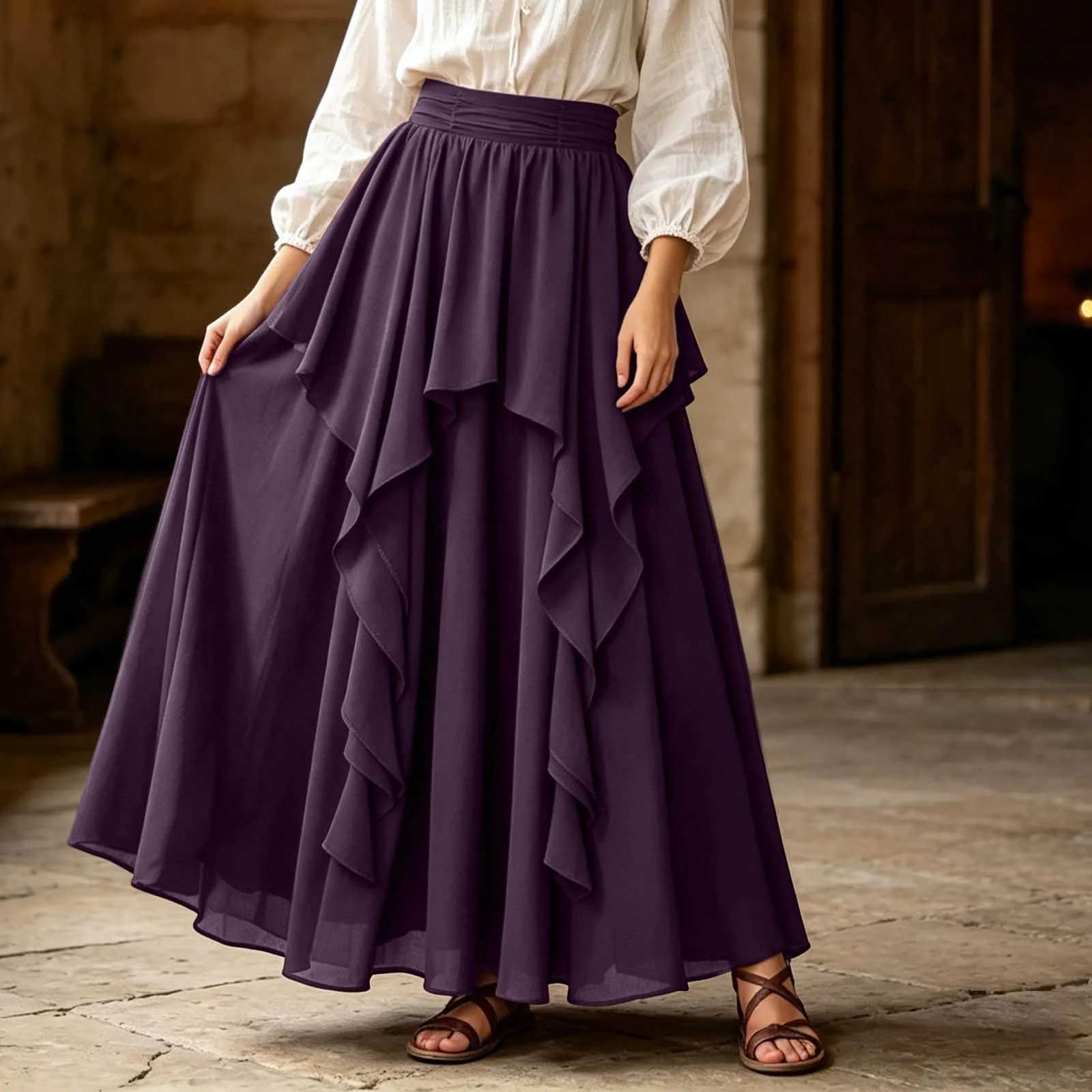 Ibicenco - Gonna medievale rinascimentale, da donna, colore: bianco, Viola - immagine 3