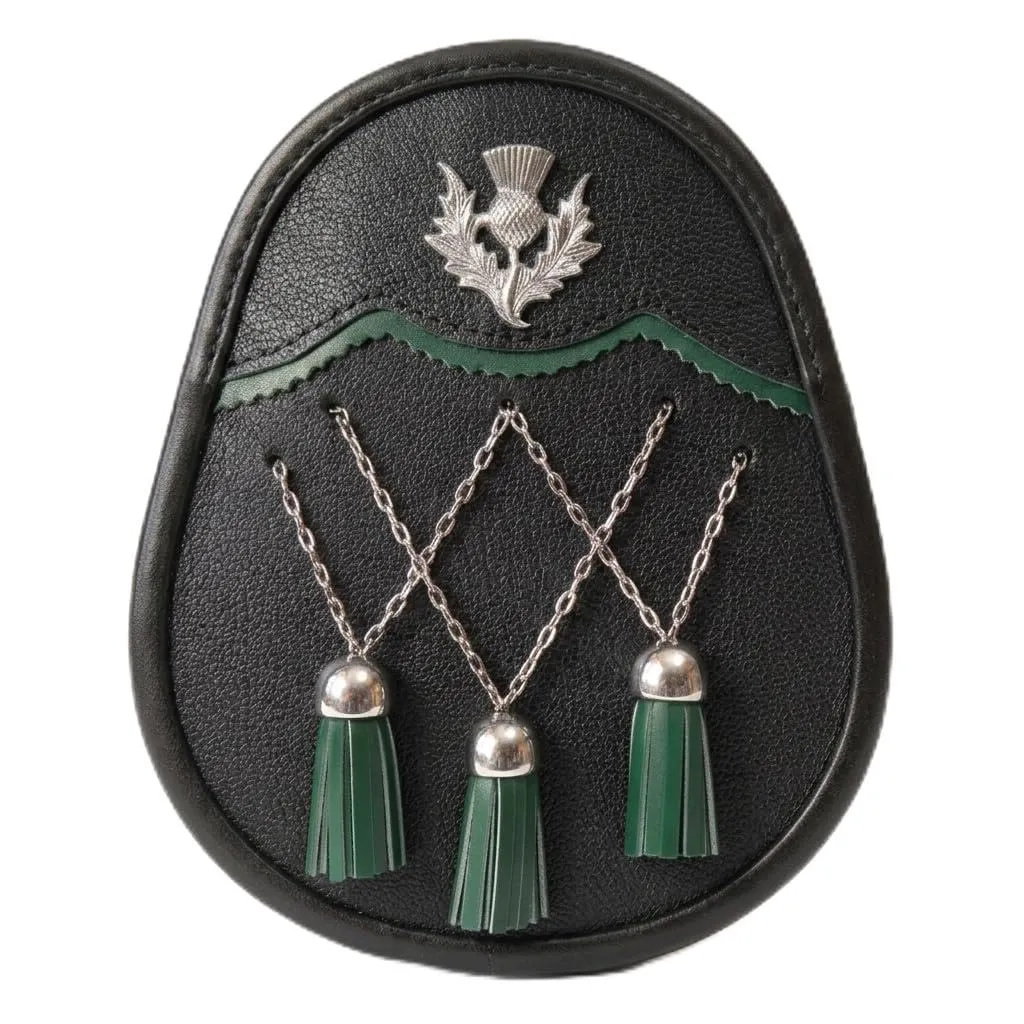 Jacobite Sporran in pelle nera argento ottone Zik Zak catena & 3 nappe verdi Scottish Highland Dress Pouch include pelle regolabile e cintura in metallo - immagine 1