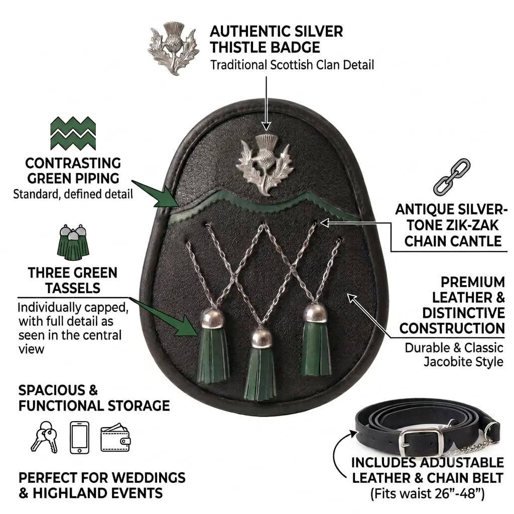 Jacobite Sporran in pelle nera argento ottone Zik Zak catena & 3 nappe verdi Scottish Highland Dress Pouch include pelle regolabile e cintura in metallo - immagine 2