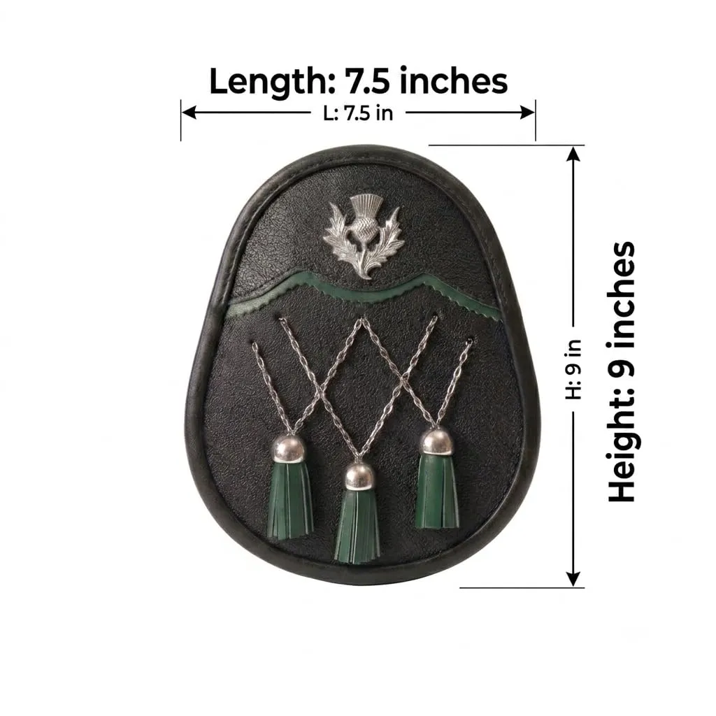 Jacobite Sporran in pelle nera argento ottone Zik Zak catena & 3 nappe verdi Scottish Highland Dress Pouch include pelle regolabile e cintura in metallo - immagine 3