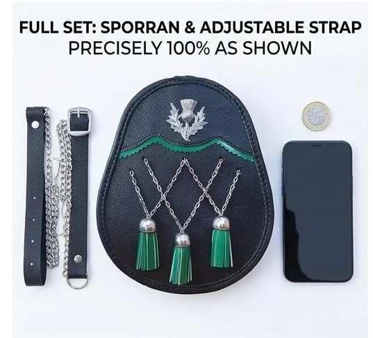 Jacobite Sporran in pelle nera argento ottone Zik Zak catena & 3 nappe verdi Scottish Highland Dress Pouch include pelle regolabile e cintura in metallo - immagine 4