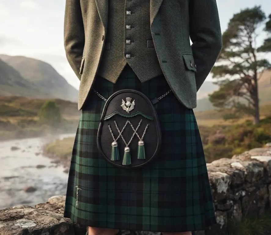 Jacobite Sporran in pelle nera argento ottone Zik Zak catena & 3 nappe verdi Scottish Highland Dress Pouch include pelle regolabile e cintura in metallo - immagine 5