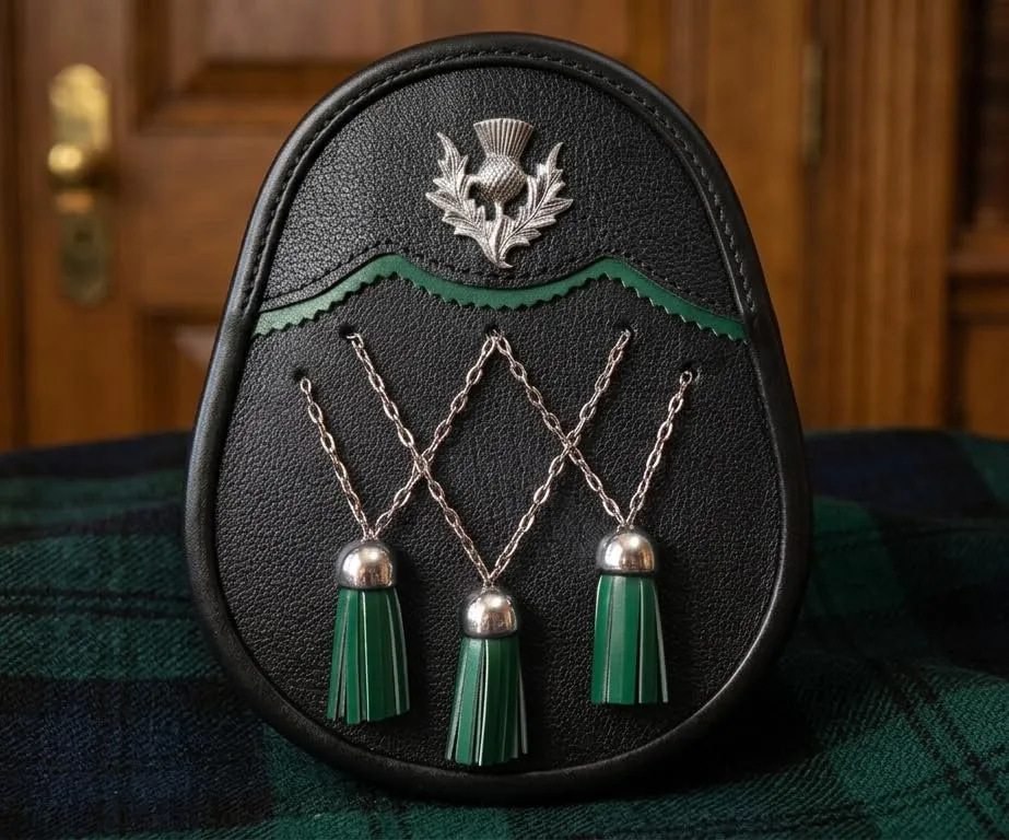 Jacobite Sporran in pelle nera argento ottone Zik Zak catena & 3 nappe verdi Scottish Highland Dress Pouch include pelle regolabile e cintura in metallo - immagine 6