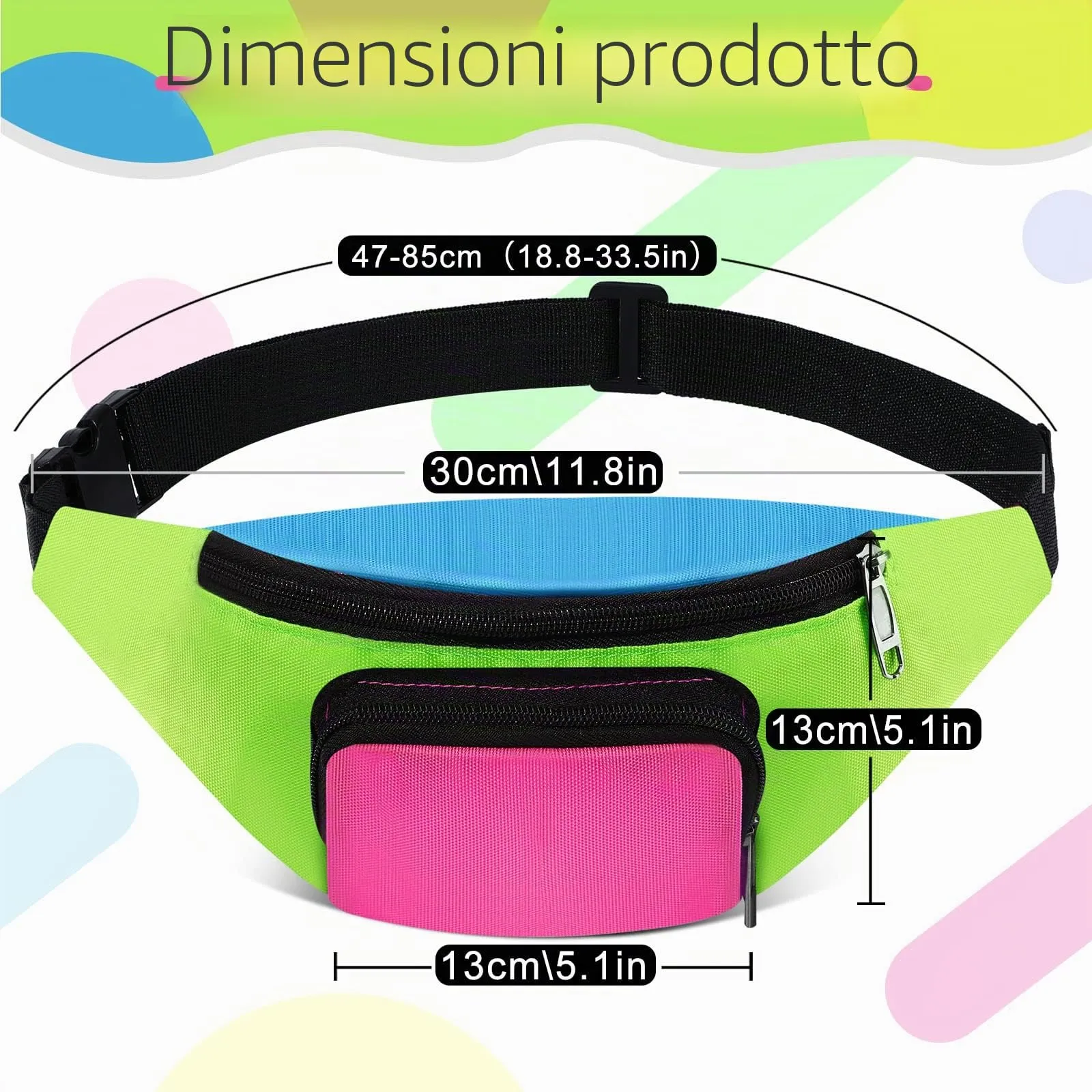 Xuniea Marsupio Al Neon degli Anni '80 a 2 Tasche Regolabile, Fondo Verde - immagine 3