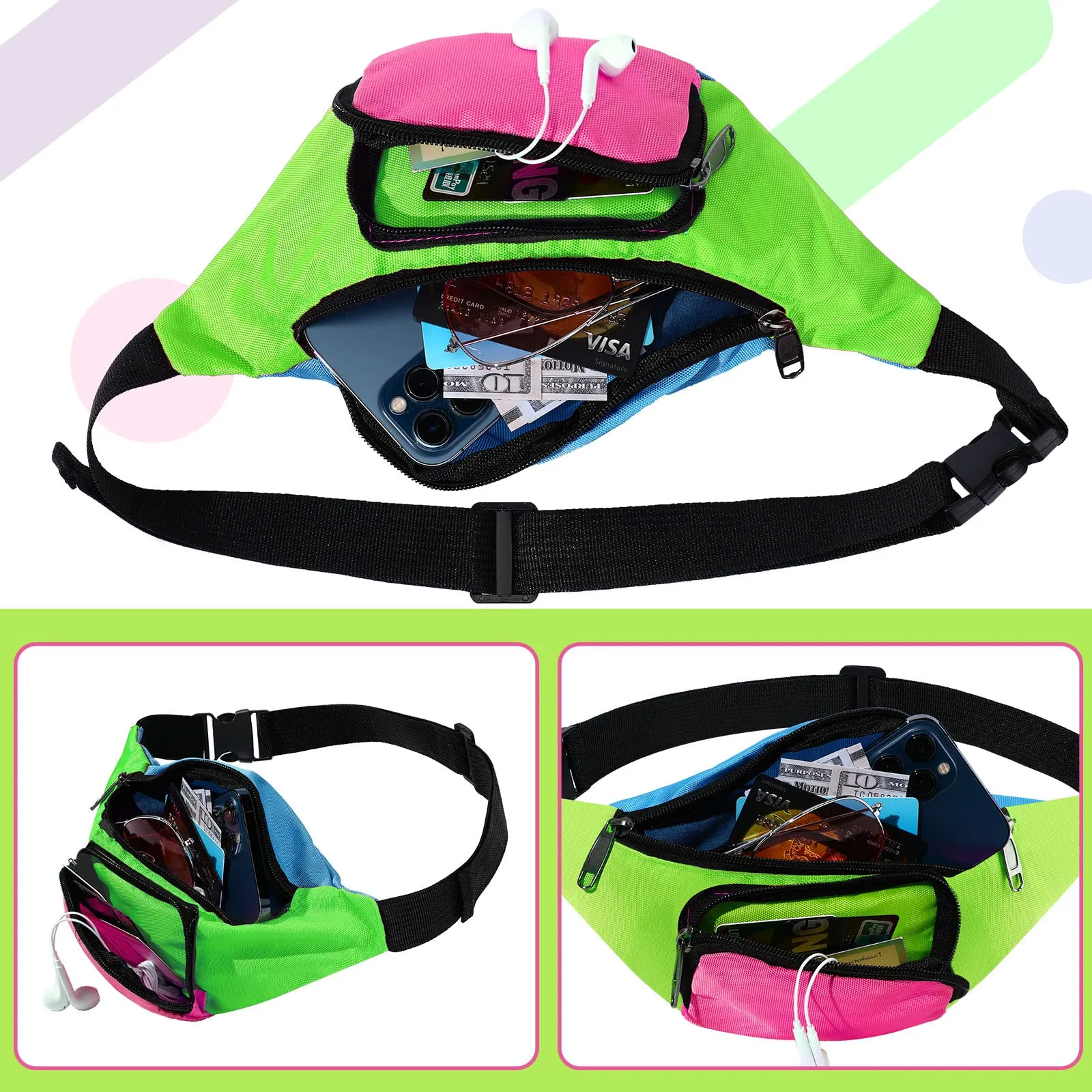 Xuniea Marsupio Al Neon degli Anni '80 a 2 Tasche Regolabile, Fondo Verde - immagine 4