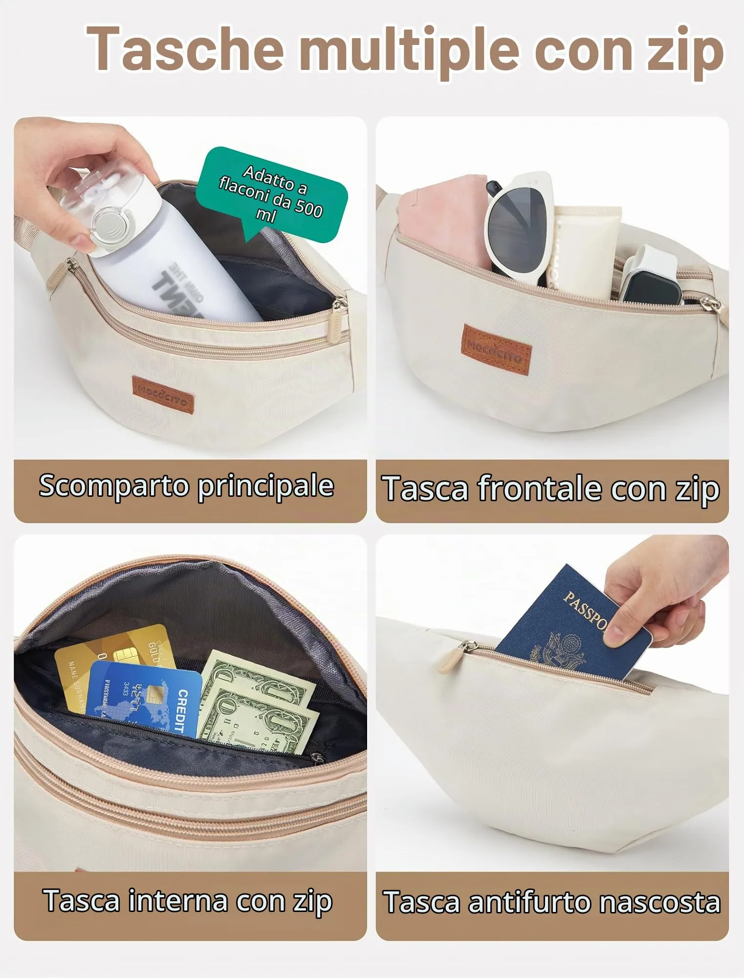 MOCOCITO Marsupio Uomo Donna,Marsupio Sportivo con 4 Zip Tasche,Marsupio Uomo Tracolla Piccolo Cintura Regolabile, Marsupio da Lavoro Impermeabile per Ciclismo Running Escursionismo Trekking Concerti - immagine 4