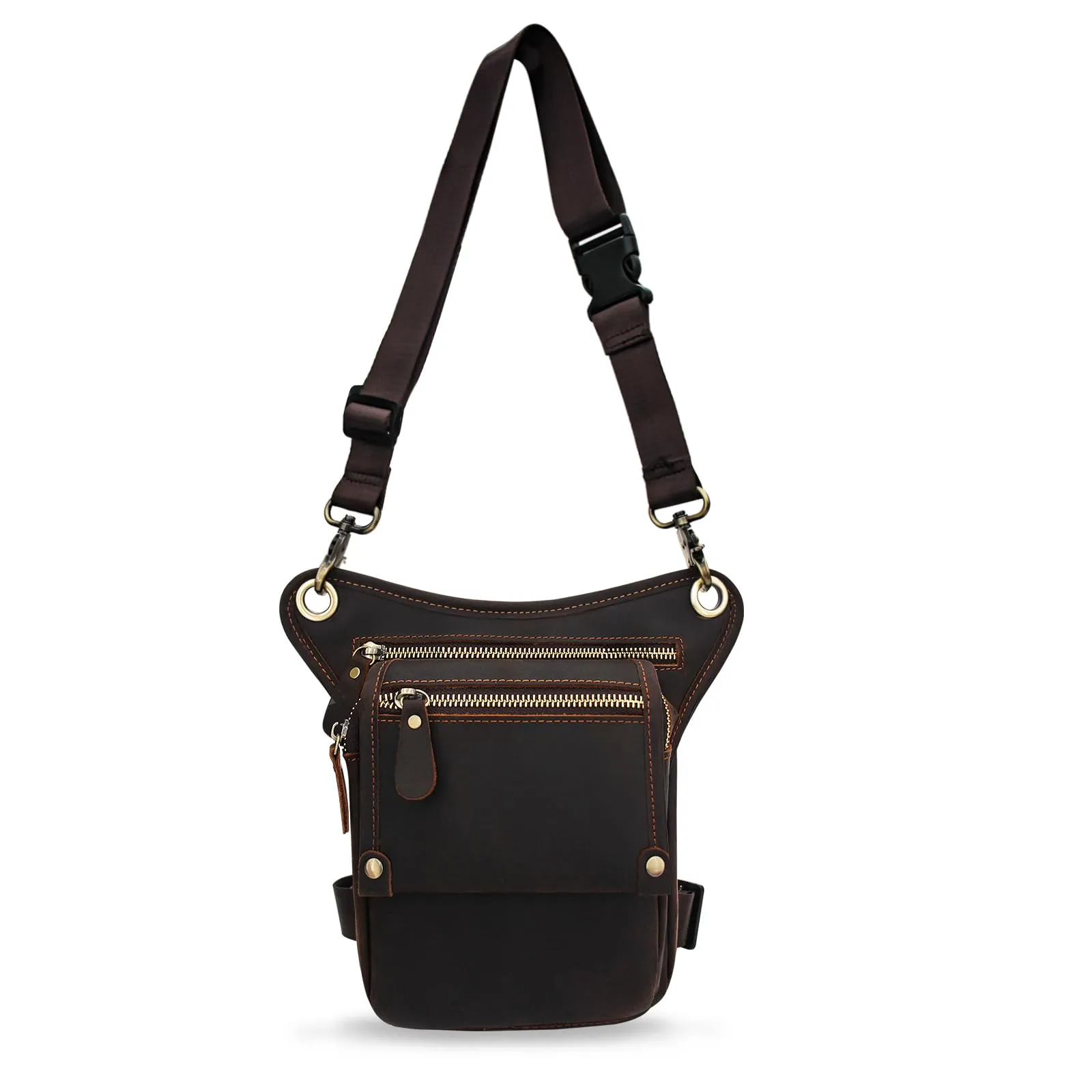 Boshiho Borsa da uomo in vera pelle – Marsupio da uomo, per moto, marrone scuro, grande pelle da uomo, borsa da gamba esterna, borsa da viaggio, marsupio da trekking, arrampicata, marrone, alla moda - immagine 2