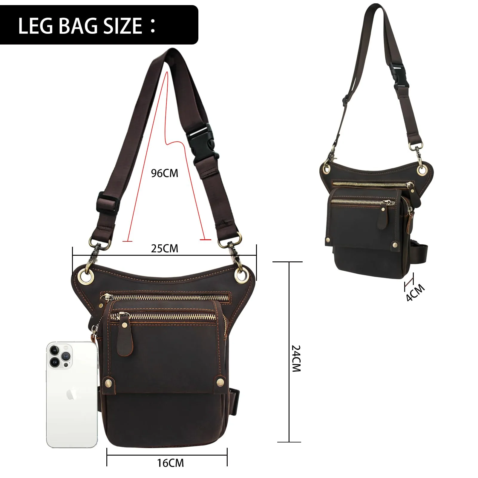Boshiho Borsa da uomo in vera pelle – Marsupio da uomo, per moto, marrone scuro, grande pelle da uomo, borsa da gamba esterna, borsa da viaggio, marsupio da trekking, arrampicata, marrone, alla moda - immagine 3