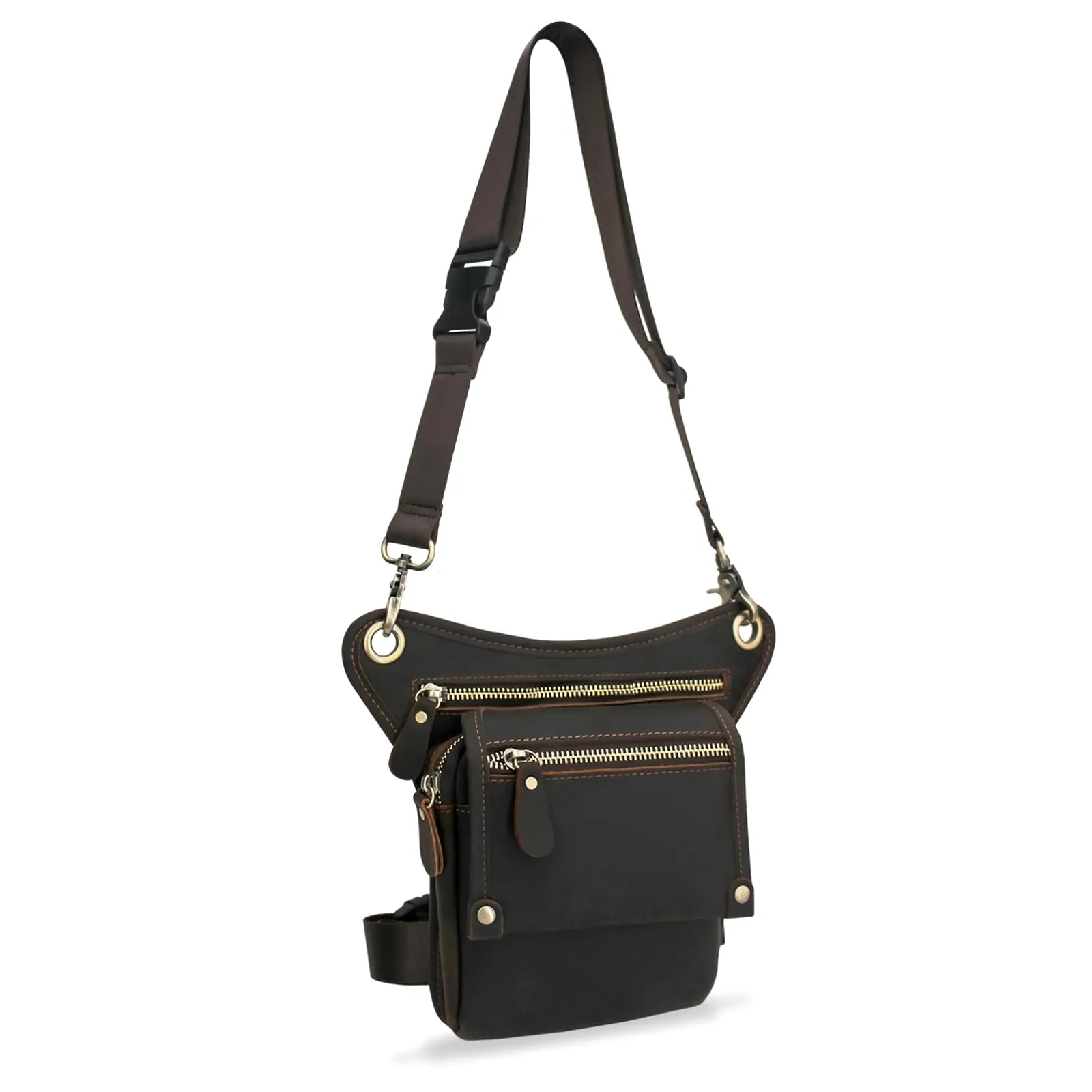 Boshiho Borsa da uomo in vera pelle – Marsupio da uomo, per moto, marrone scuro, grande pelle da uomo, borsa da gamba esterna, borsa da viaggio, marsupio da trekking, arrampicata, marrone, alla moda - immagine 5