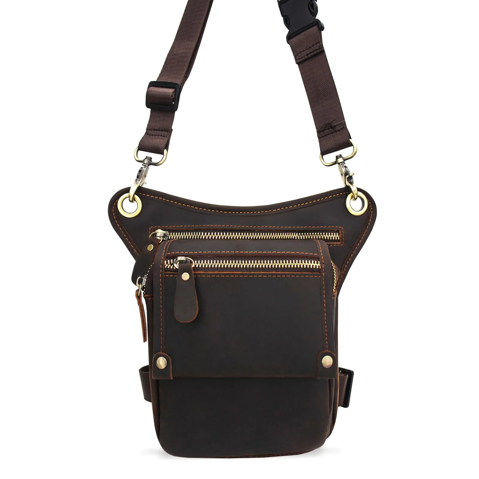 Boshiho Borsa da uomo in vera pelle – Marsupio da uomo, per moto, marrone scuro, grande pelle da uomo, borsa da gamba esterna, borsa da viaggio, marsupio da trekking, arrampicata, marrone, alla moda - immagine 6