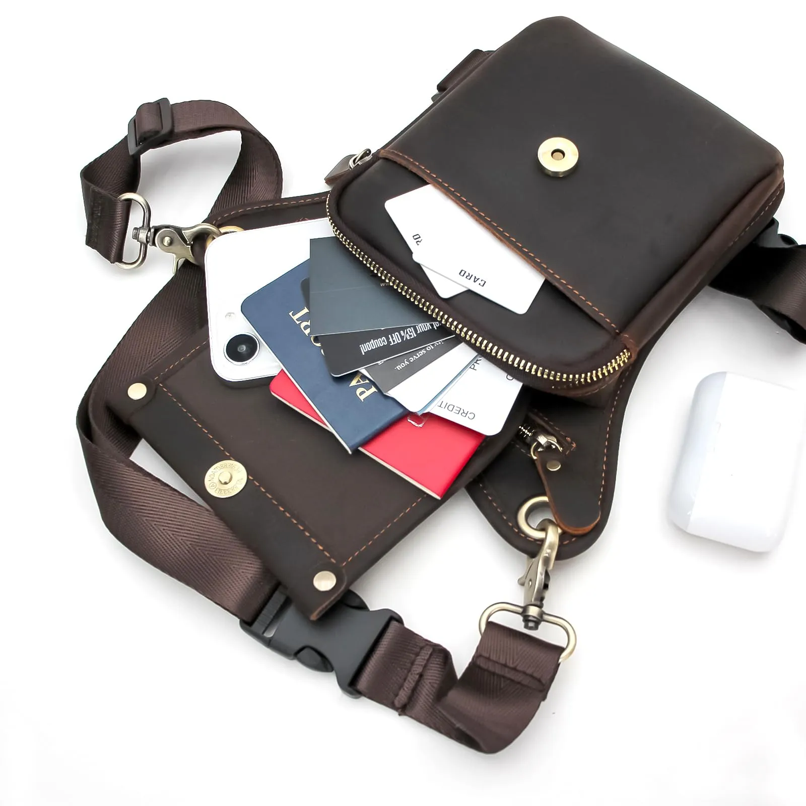 Boshiho Borsa da uomo in vera pelle – Marsupio da uomo, per moto, marrone scuro, grande pelle da uomo, borsa da gamba esterna, borsa da viaggio, marsupio da trekking, arrampicata, marrone, alla moda - immagine 8