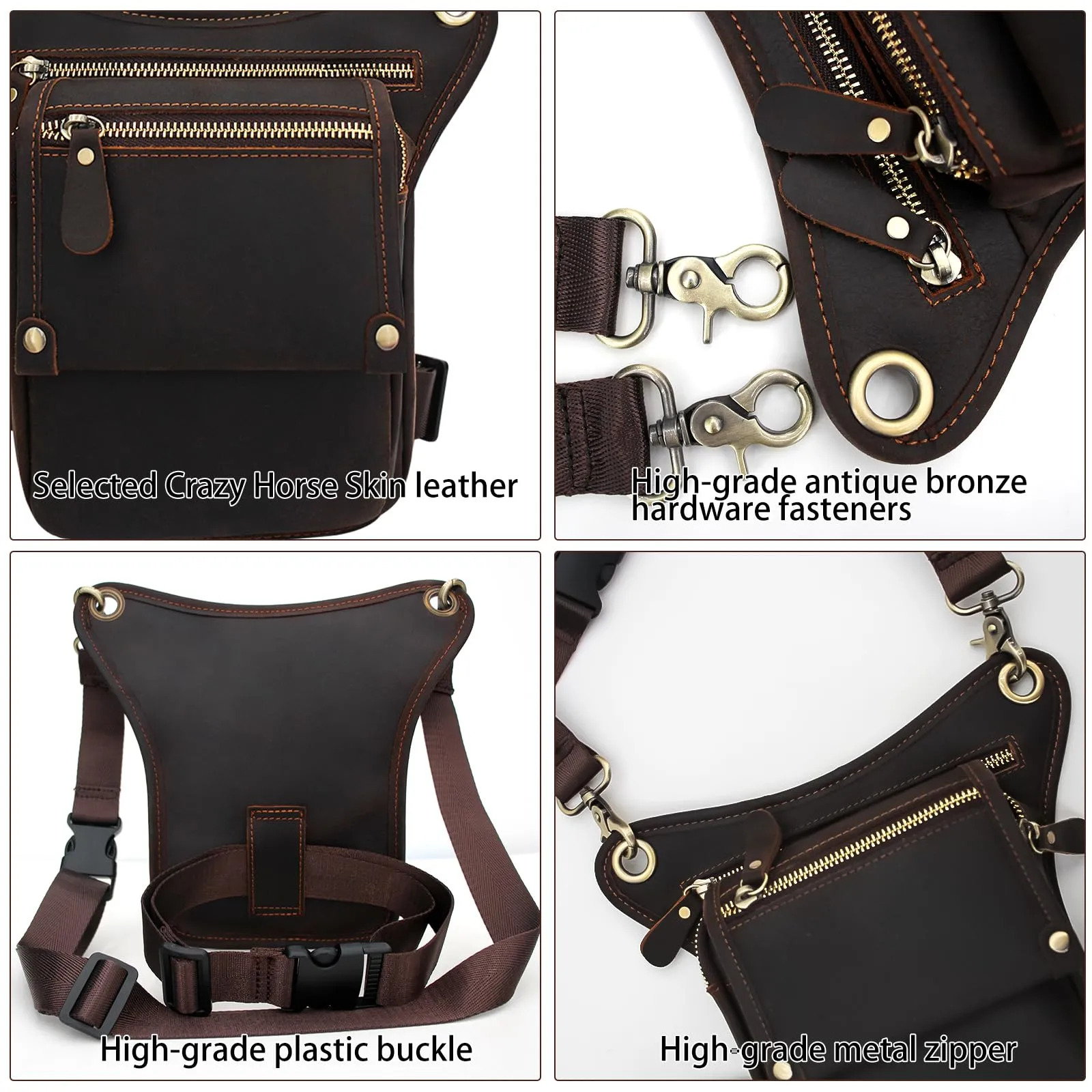 Boshiho Borsa da uomo in vera pelle – Marsupio da uomo, per moto, marrone scuro, grande pelle da uomo, borsa da gamba esterna, borsa da viaggio, marsupio da trekking, arrampicata, marrone, alla moda - immagine 9