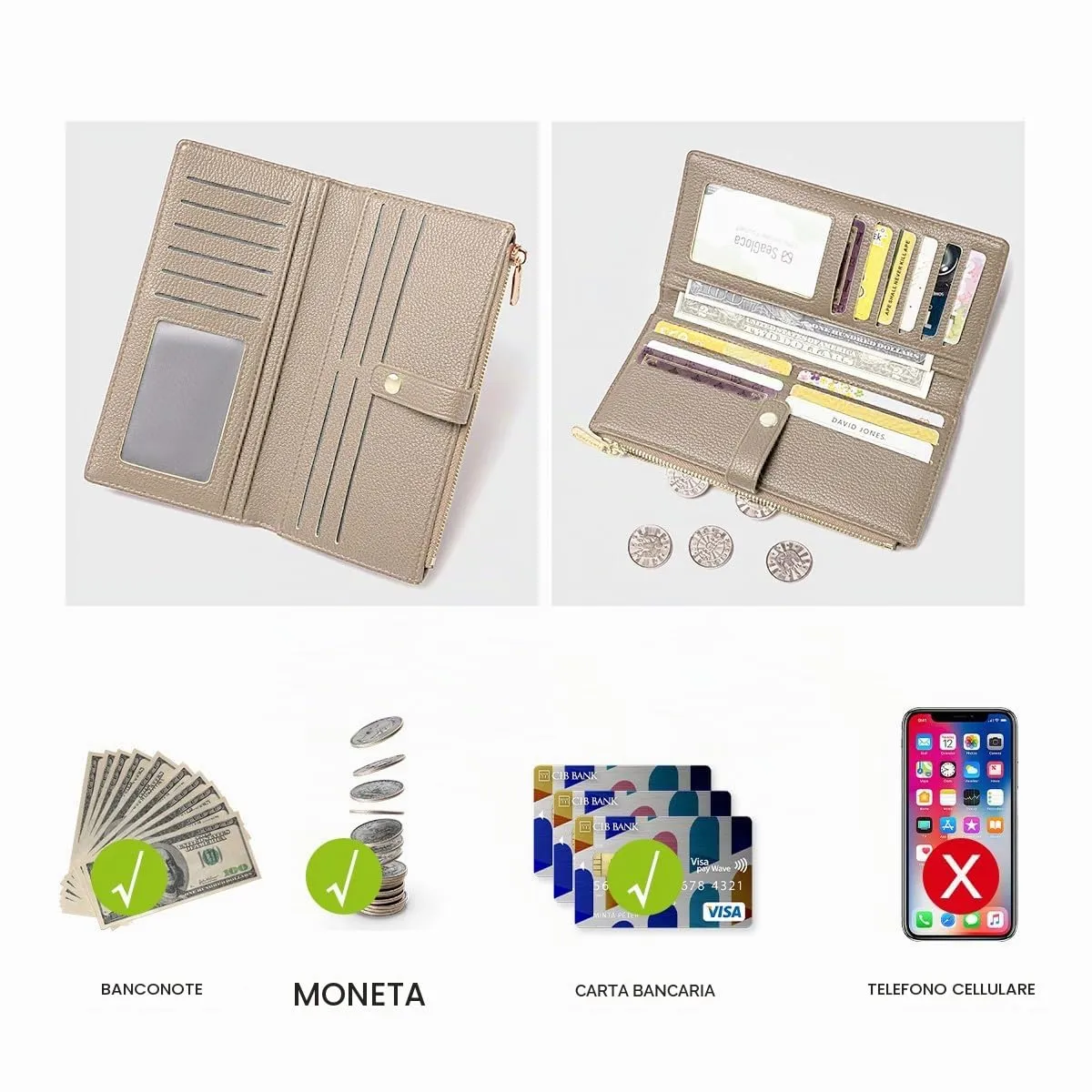 David Jones - Portafoglio Donna Compatto Simil Pelle PU - Porta Carte Lungo Portamonete Elegante - Scomparti per Banconote e Monete - Marrone Talpa - immagine 7