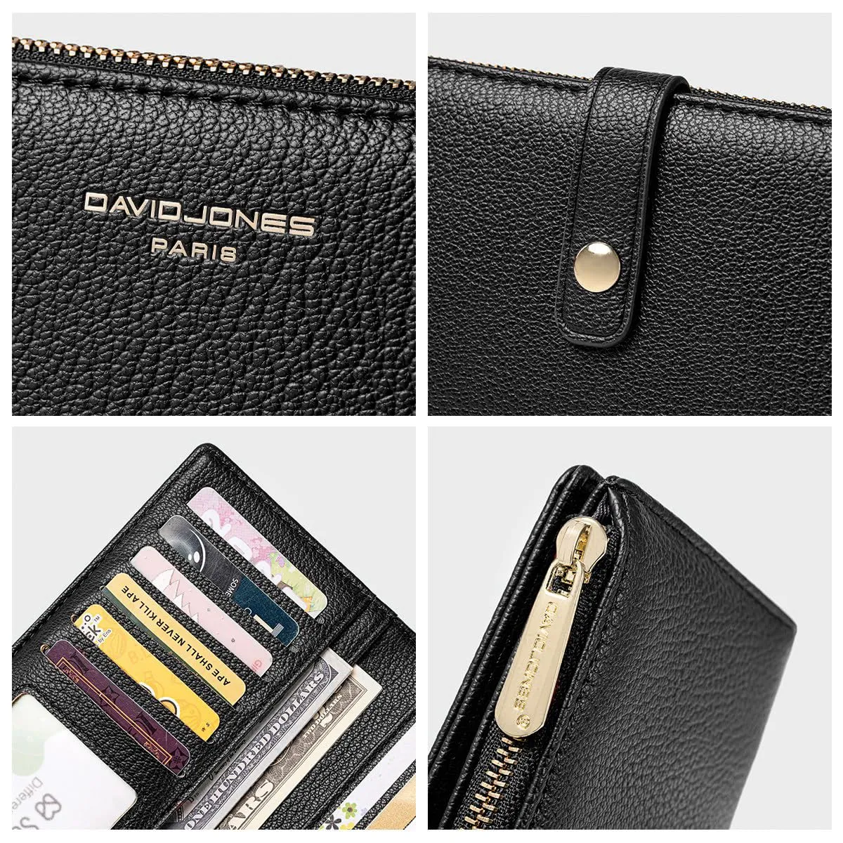 David Jones - Portafoglio Donna Compatto Simil Pelle PU - Porta Carte Lungo Portamonete Elegante - Scomparti per Banconote e Monete - Nero - immagine 5