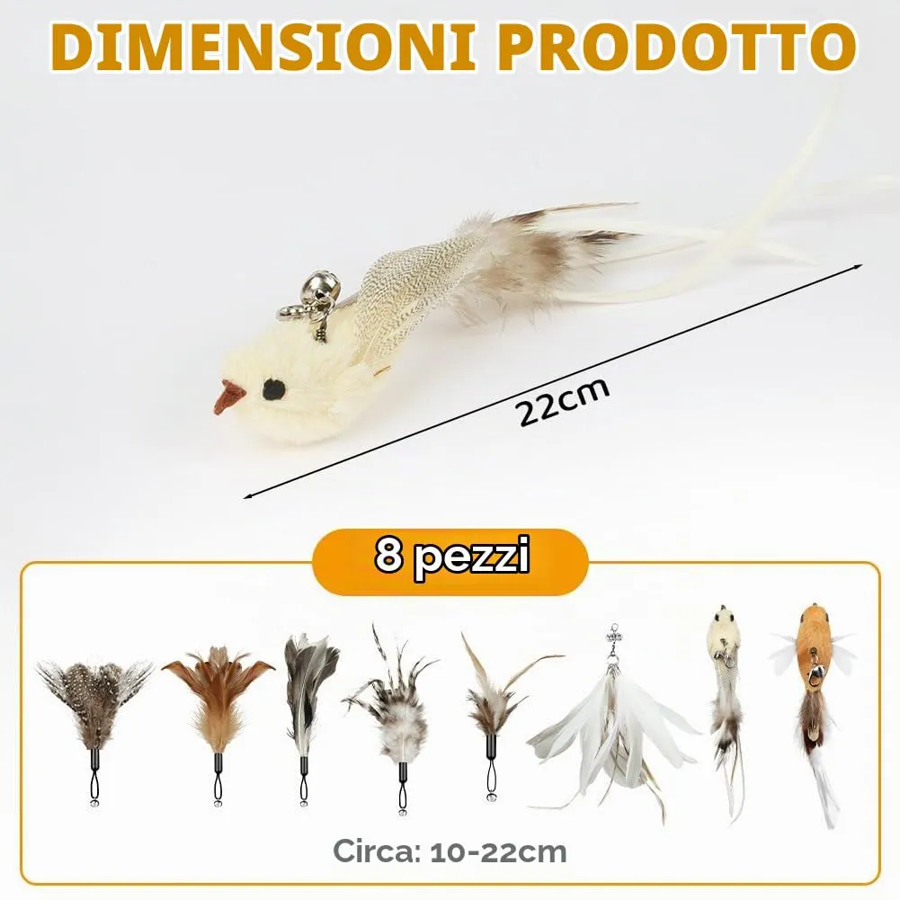 OSDUE Giochi per Gatti, 8 Pezzi Giochi Interattivi per Gatti, Giocattolo Interattivo con Campanellini, con 2 Uccellini e 6 Piume di Ricambio, per Gattis, Regalo per Cuccioli e Gattini - immagine 2