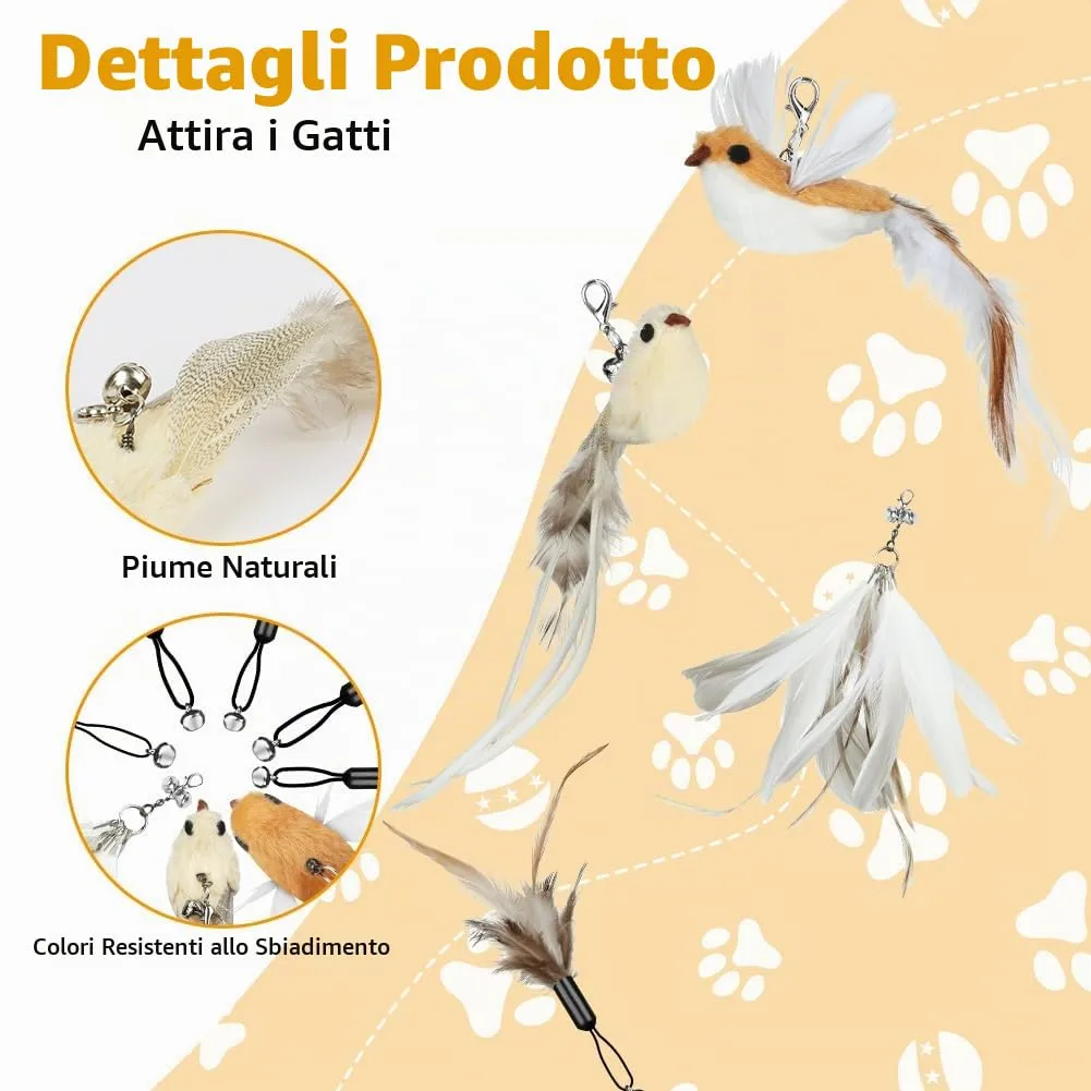 OSDUE Giochi per Gatti, 8 Pezzi Giochi Interattivi per Gatti, Giocattolo Interattivo con Campanellini, con 2 Uccellini e 6 Piume di Ricambio, per Gattis, Regalo per Cuccioli e Gattini - immagine 3