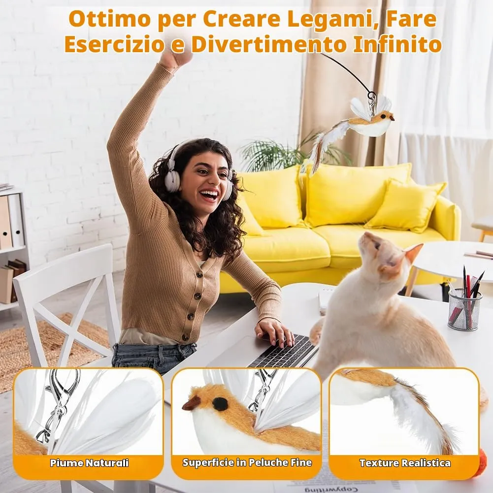 OSDUE Giochi per Gatti, 8 Pezzi Giochi Interattivi per Gatti, Giocattolo Interattivo con Campanellini, con 2 Uccellini e 6 Piume di Ricambio, per Gattis, Regalo per Cuccioli e Gattini - immagine 4
