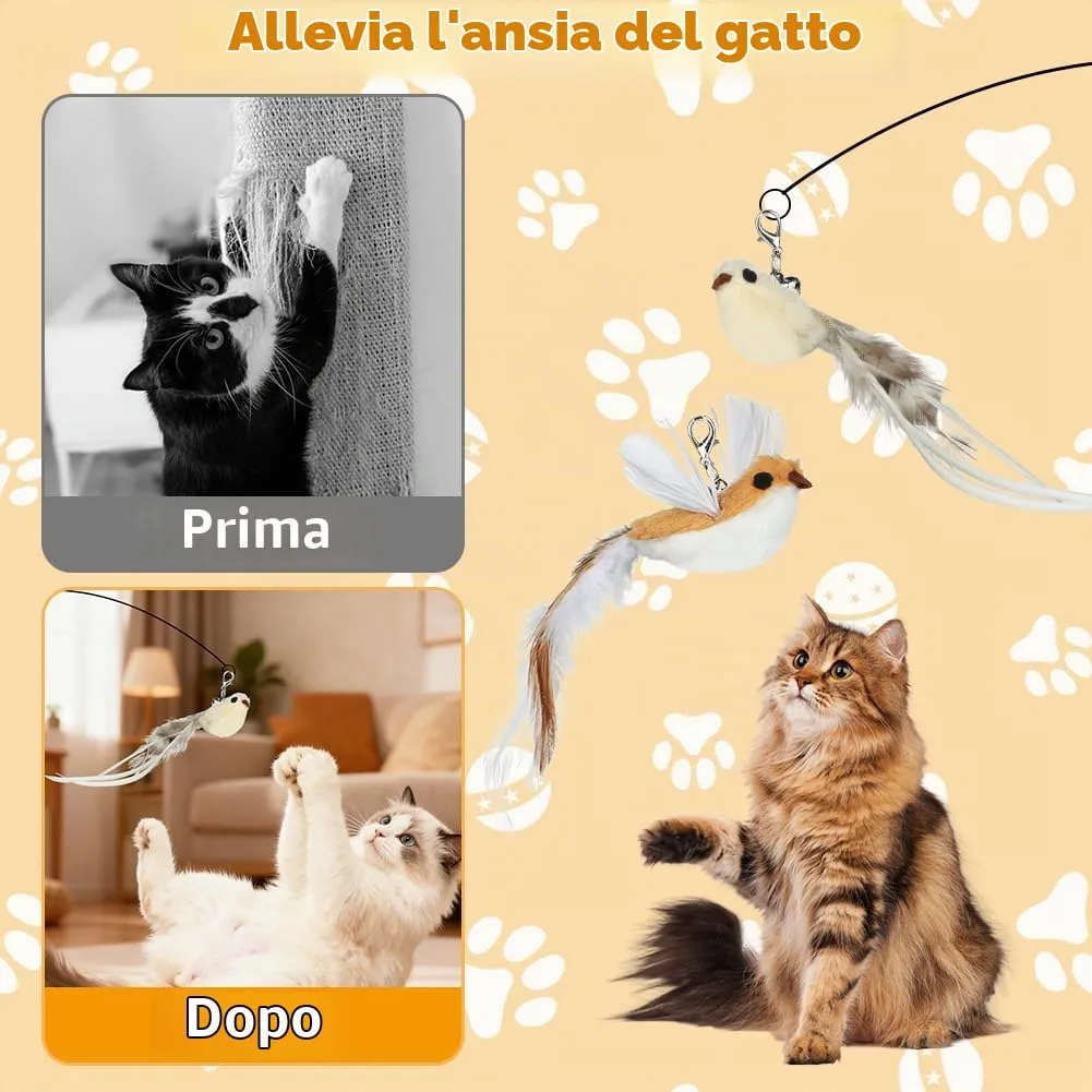 OSDUE Giochi per Gatti, 8 Pezzi Giochi Interattivi per Gatti, Giocattolo Interattivo con Campanellini, con 2 Uccellini e 6 Piume di Ricambio, per Gattis, Regalo per Cuccioli e Gattini - immagine 6
