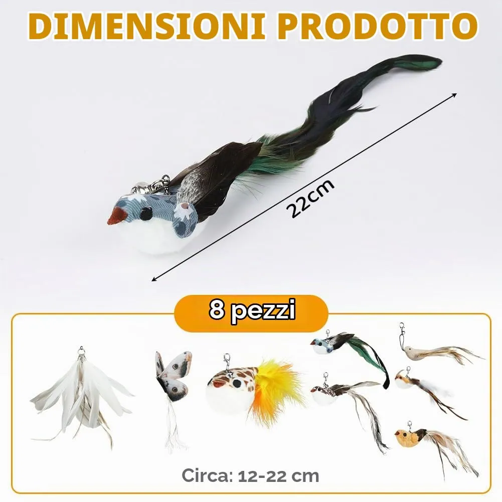 OSDUE Giochi per Gatti, 8 Pezzi Giochi Interattivi per Gatti, Giocattolo Interattivo con Campanellini, con 6 Uccellini 1 farfalla e 1 Piume di Ricambio, per Gattis, Regalo per Cuccioli e Gattini - immagine 2
