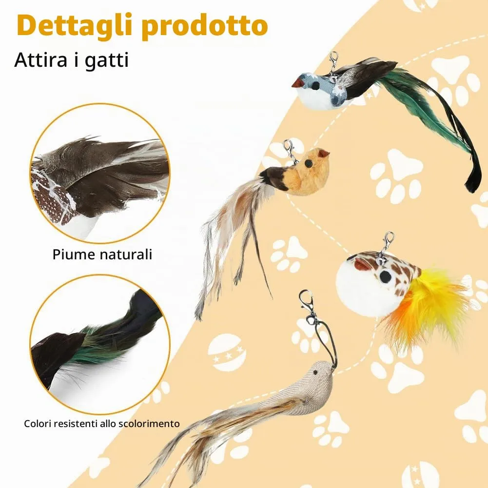OSDUE Giochi per Gatti, 8 Pezzi Giochi Interattivi per Gatti, Giocattolo Interattivo con Campanellini, con 6 Uccellini 1 farfalla e 1 Piume di Ricambio, per Gattis, Regalo per Cuccioli e Gattini - immagine 3