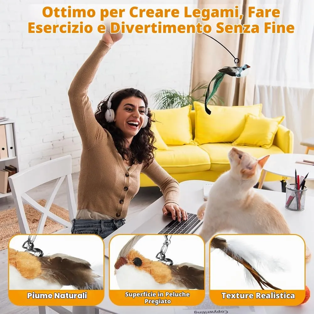 OSDUE Giochi per Gatti, 8 Pezzi Giochi Interattivi per Gatti, Giocattolo Interattivo con Campanellini, con 6 Uccellini 1 farfalla e 1 Piume di Ricambio, per Gattis, Regalo per Cuccioli e Gattini - immagine 4