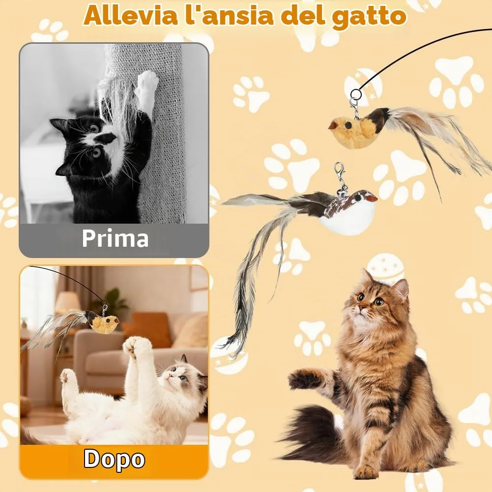 OSDUE Giochi per Gatti, 8 Pezzi Giochi Interattivi per Gatti, Giocattolo Interattivo con Campanellini, con 6 Uccellini 1 farfalla e 1 Piume di Ricambio, per Gattis, Regalo per Cuccioli e Gattini - immagine 6